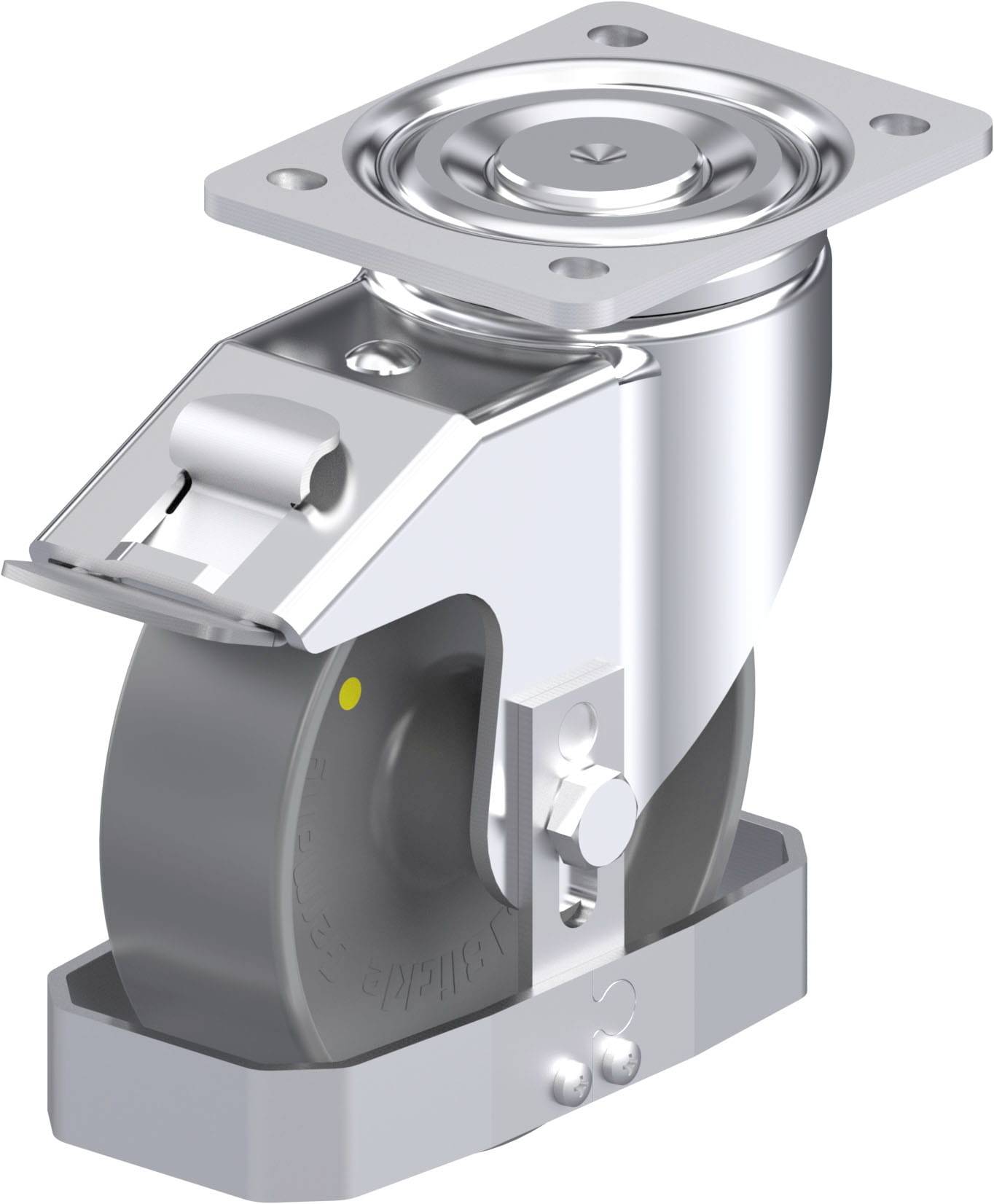 Silberne Lenkrolle aus Metall mit grauem Rad und Befestigungsplatte, für Möbel oder Geräte.