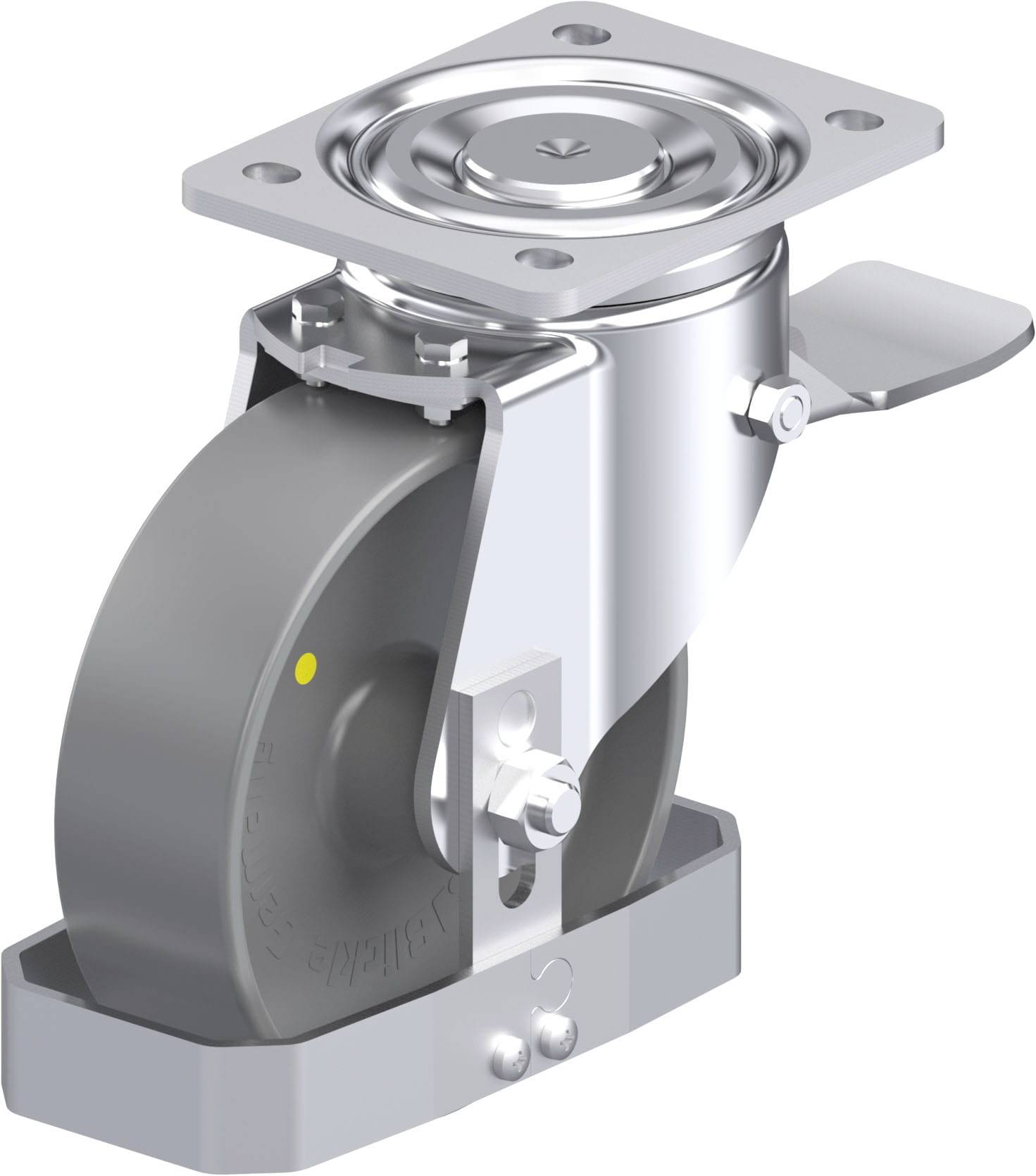 Ein verchromtes Gehäuse mit flexibler Radhalterung, zeigt eine robuste Industrielenkrolle für schwere Lasten mit schwenkbarem Mechanismus.