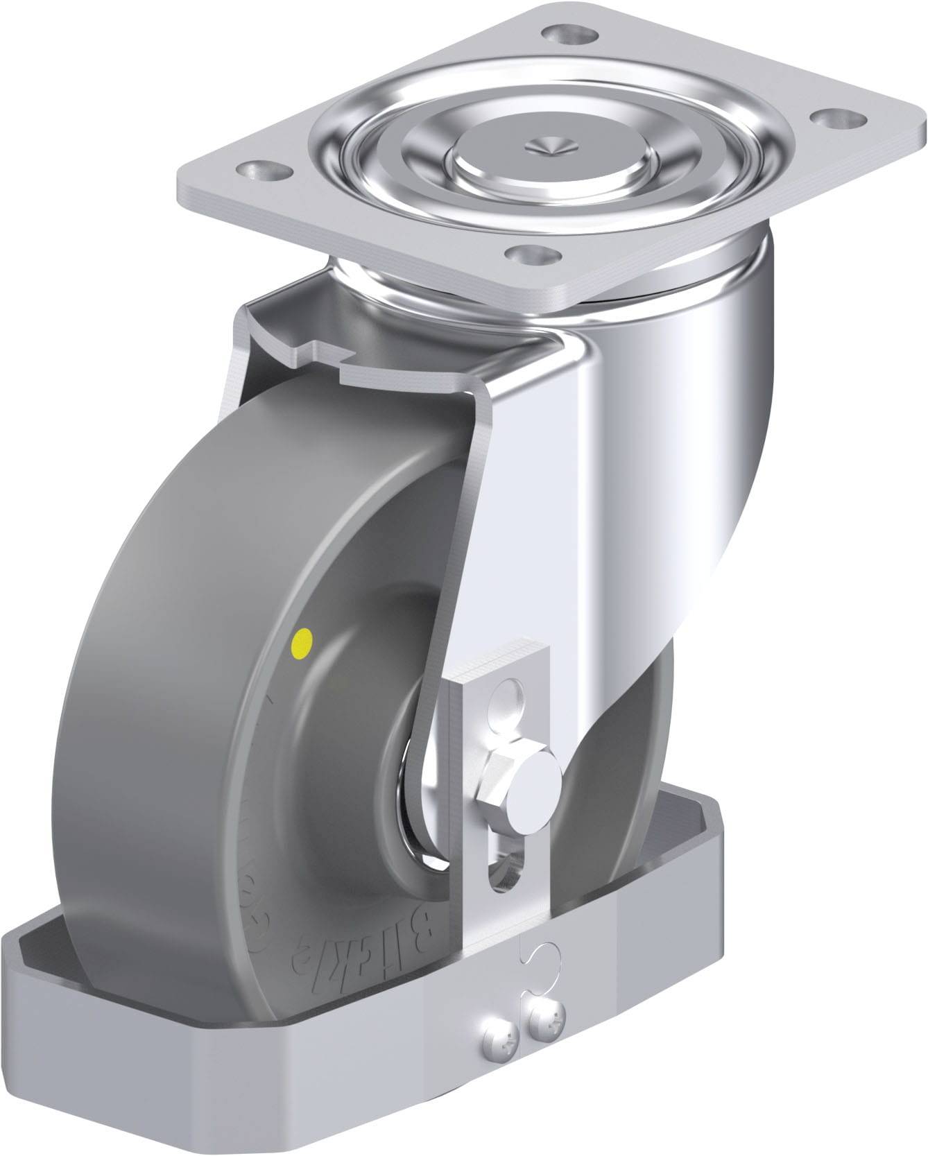 Industrie-Drehrolle aus Metall mit grauem Kunststoffrad, montiert auf einer rechteckigen Metallplatte. Geeignet für Schwerlastanwendungen.