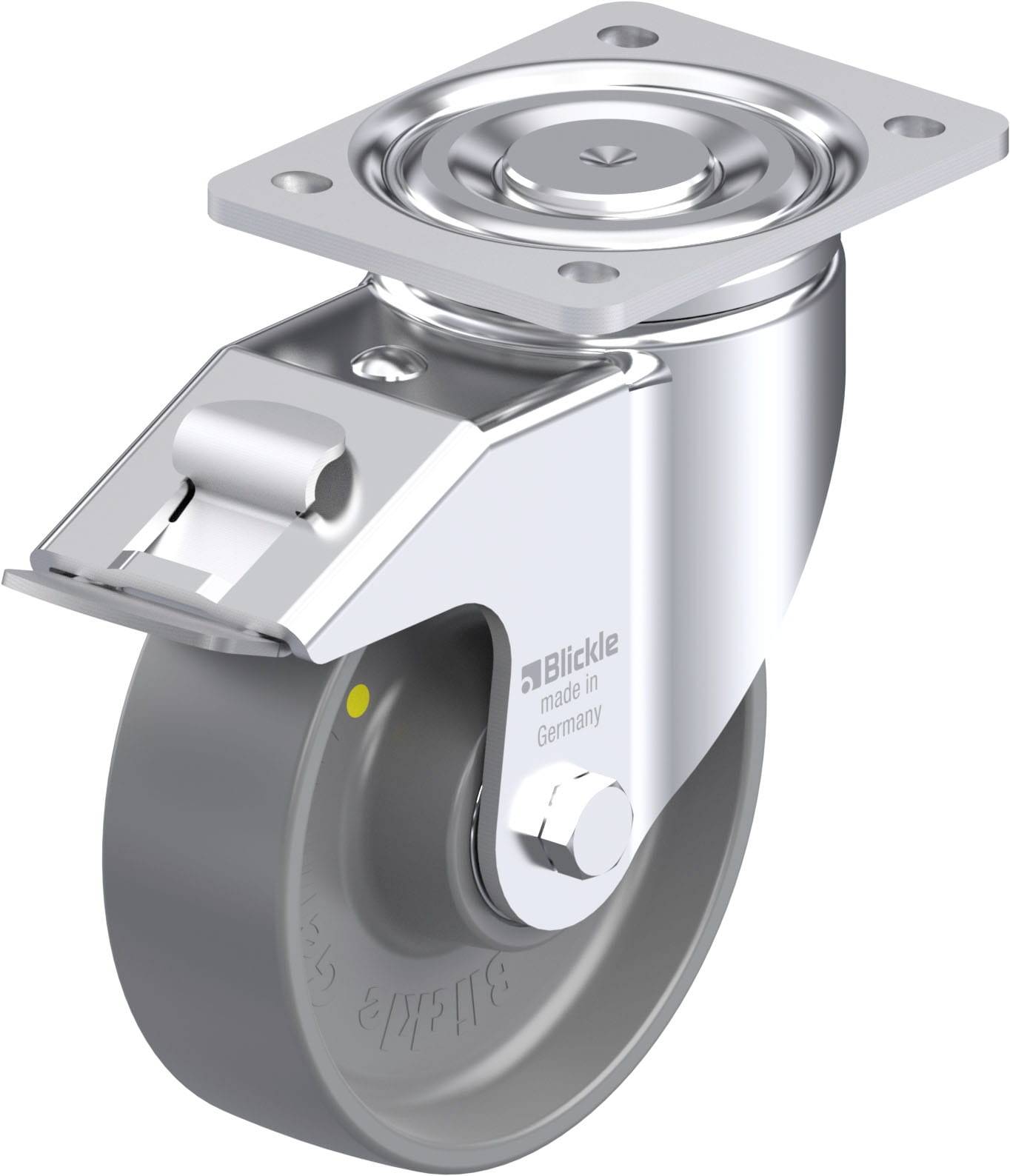 Silberne Lenkrolle mit Bremse und grauem Rad. Markierung 'Blickle made in Germany' sichtbar auf der Metallhalterung.