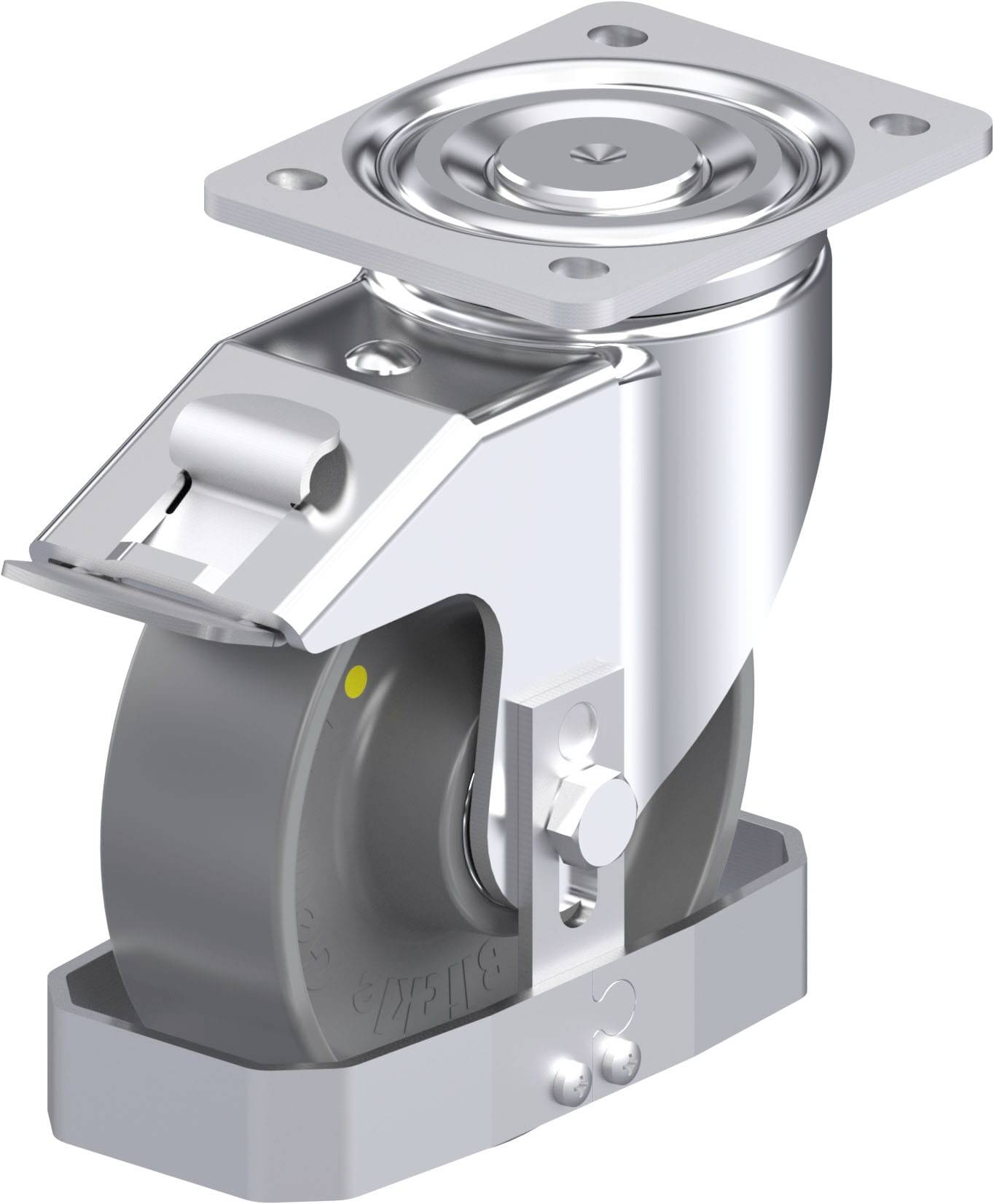 Industrie-Lenkrolle aus Metall mit grauem Rad und Montageplatte, geeignet für schwere Lasten und vielseitige Einsatzbereiche.