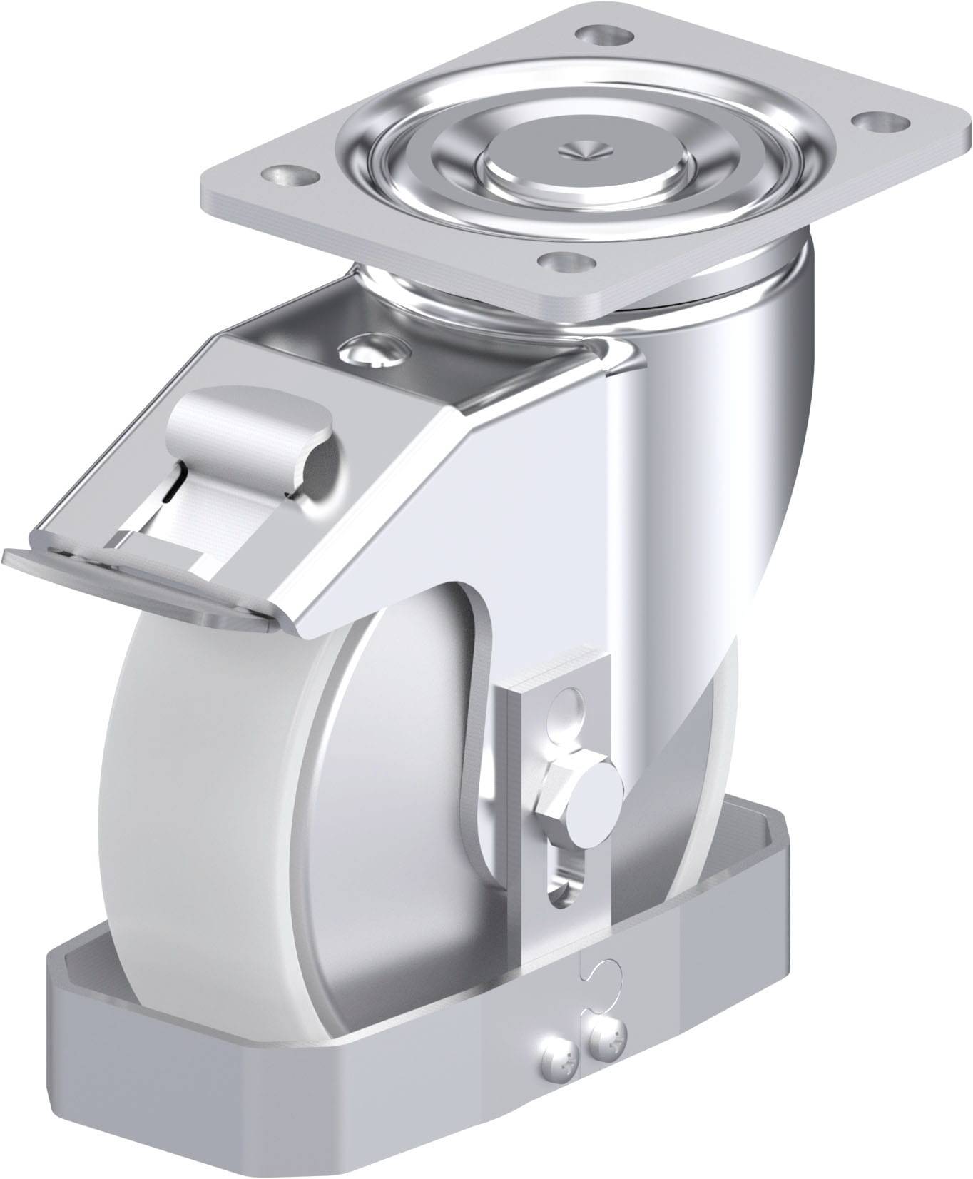 Metallrolle mit Befestigungsplatte und Feststellmechanismus, geeignet für industrielle Anwendungen.