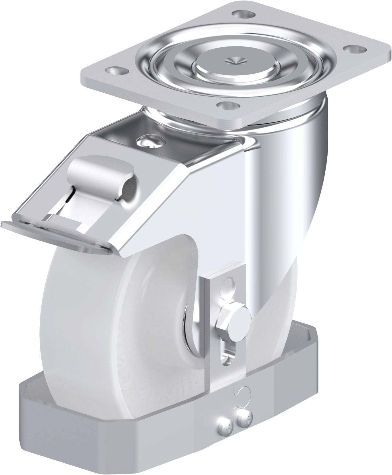 Metallisches Schwenkrollenrad mit Bremse und weißem Rad, geeignet für schwere Lasten. Ideal für industrielle Anwendungen.