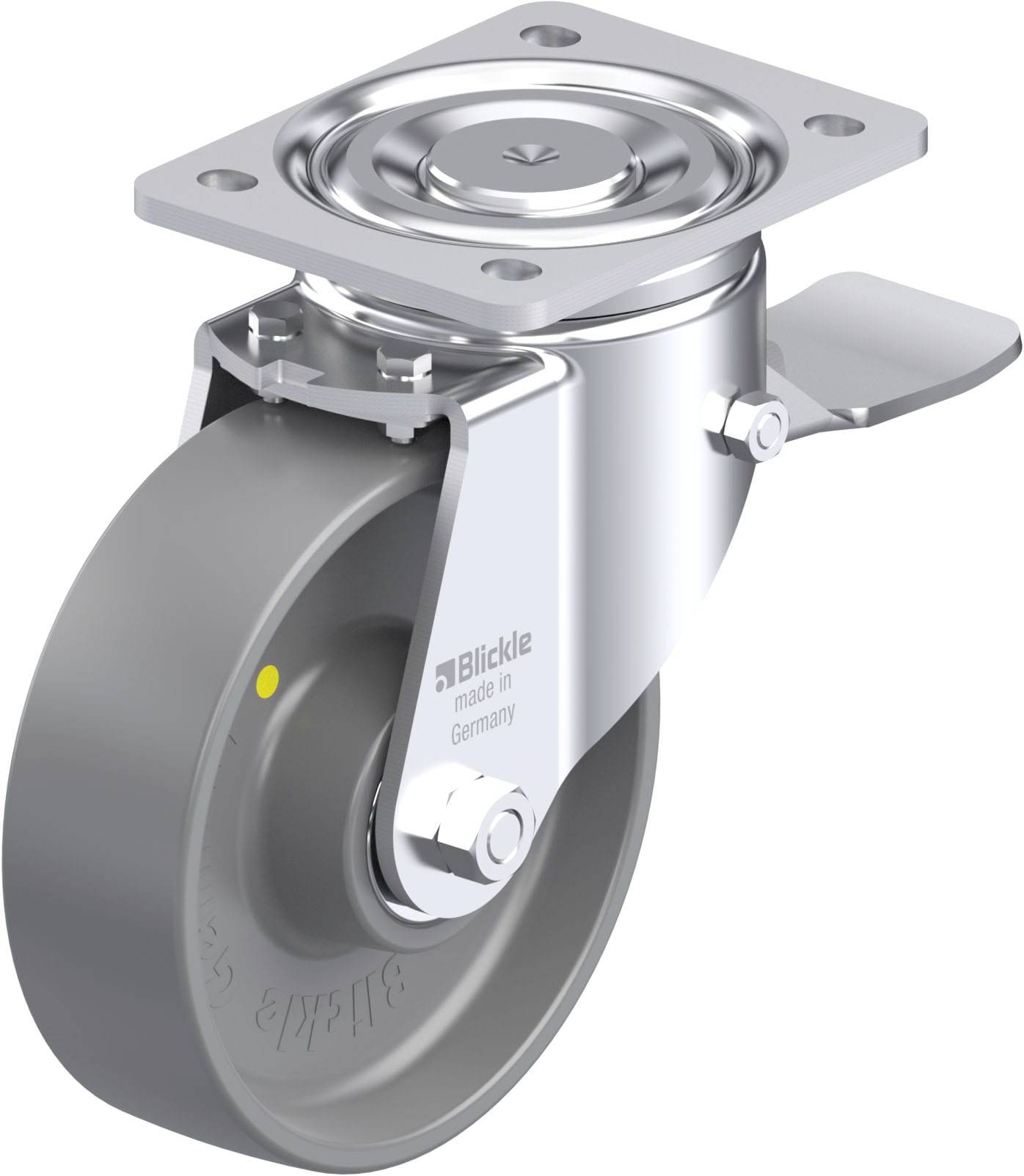 Industrie-Lenkrolle aus Metall mit grauem Rad und Befestigungsplatte. Markierung: 'Blickle made in Germany'.