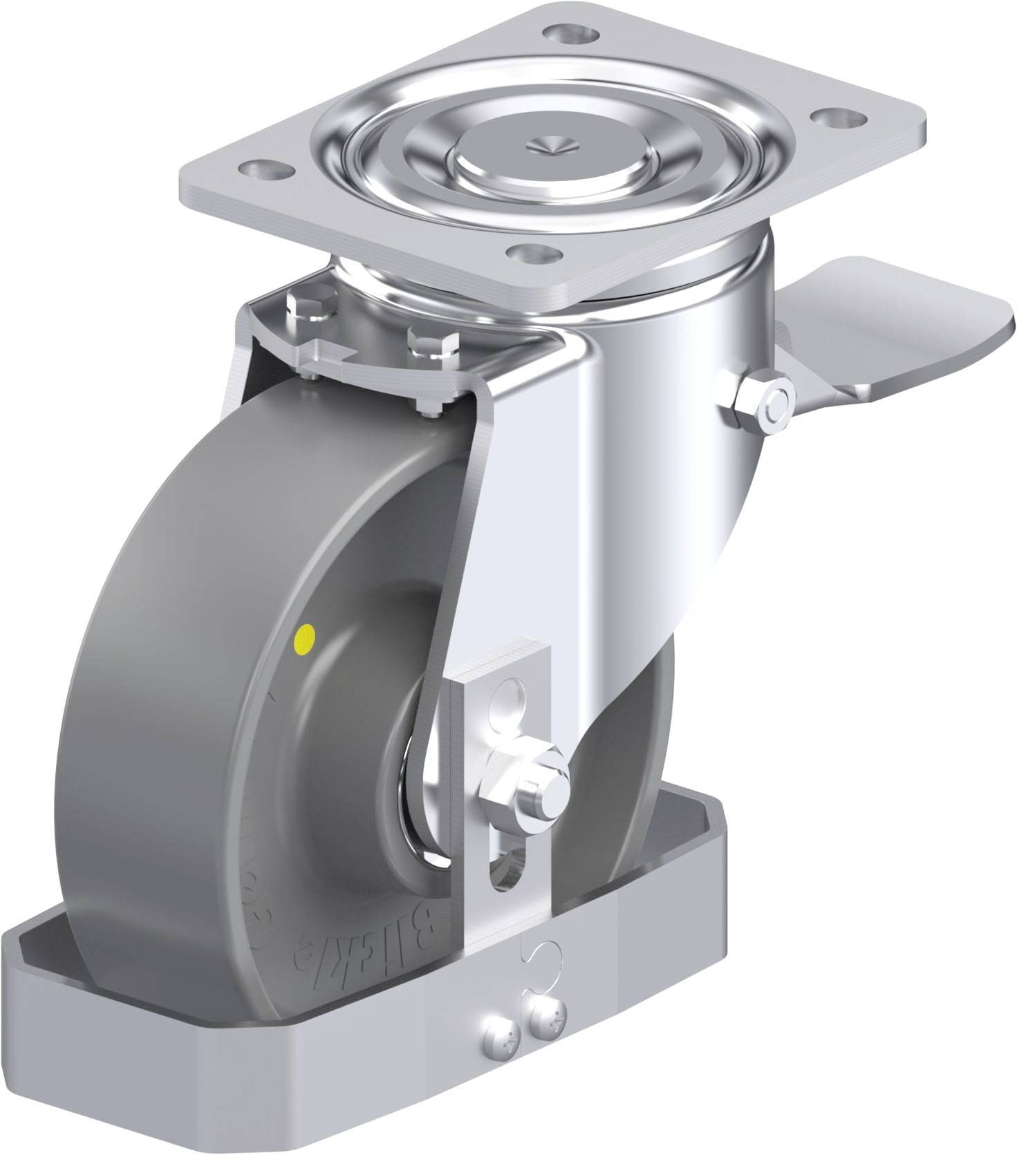 Metallrolle mit grauem Rad und Schwenkmechanismus, geeignet für industrielle Anwendungen.