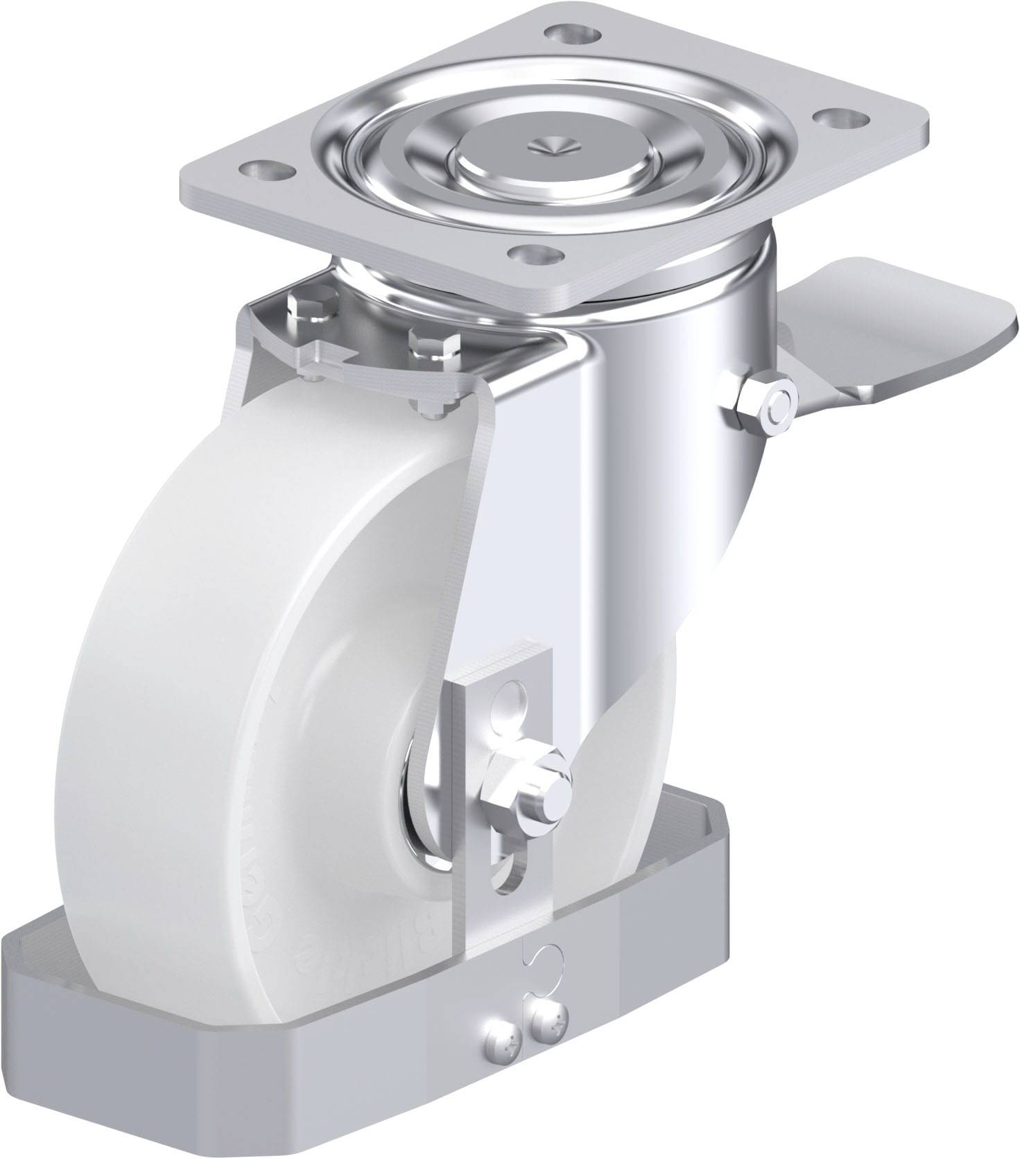 Industrie-Lenkrolle mit weißem Rad und metallischer Befestigungsplatte, geeignet für Schwerlastanwendungen.