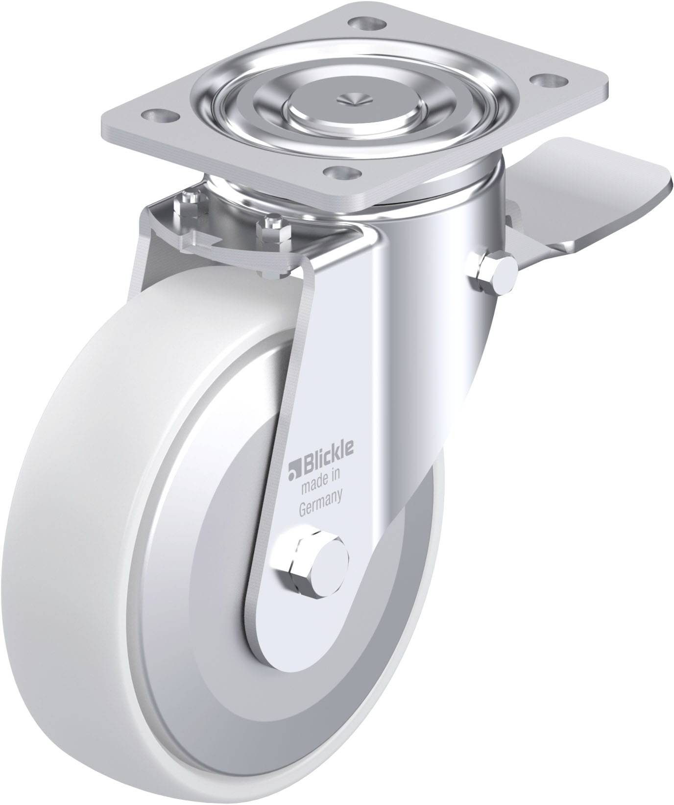 Schwenkrolle mit grauem Rad, Metallsockel und Bremse. Aufschrift 'Blickle made in Germany'. Geeignet für Industrieanwendungen.