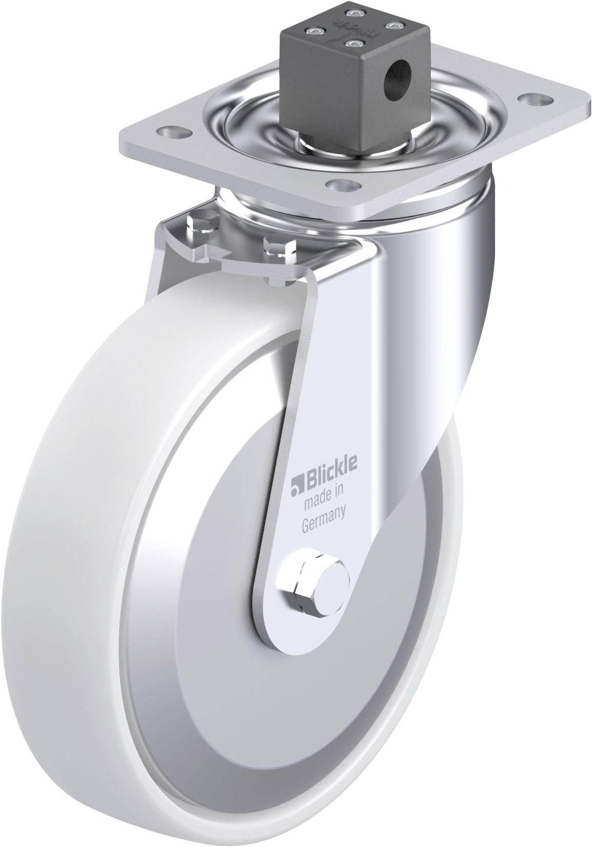 Graue Schwerlastrolle mit Metallhalterung, Schwenklager und rechteckiger Montageplatte. Aufschrift auf Rolle: 'Blickle, made in Germany'.