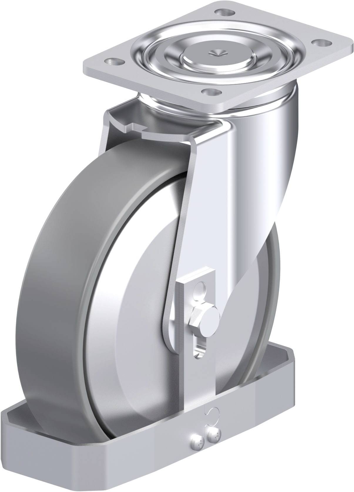 Metallisches Schwerlast-Lenkrollenrad mit Befestigungsplatte, silberfarben, aufrecht stehend.