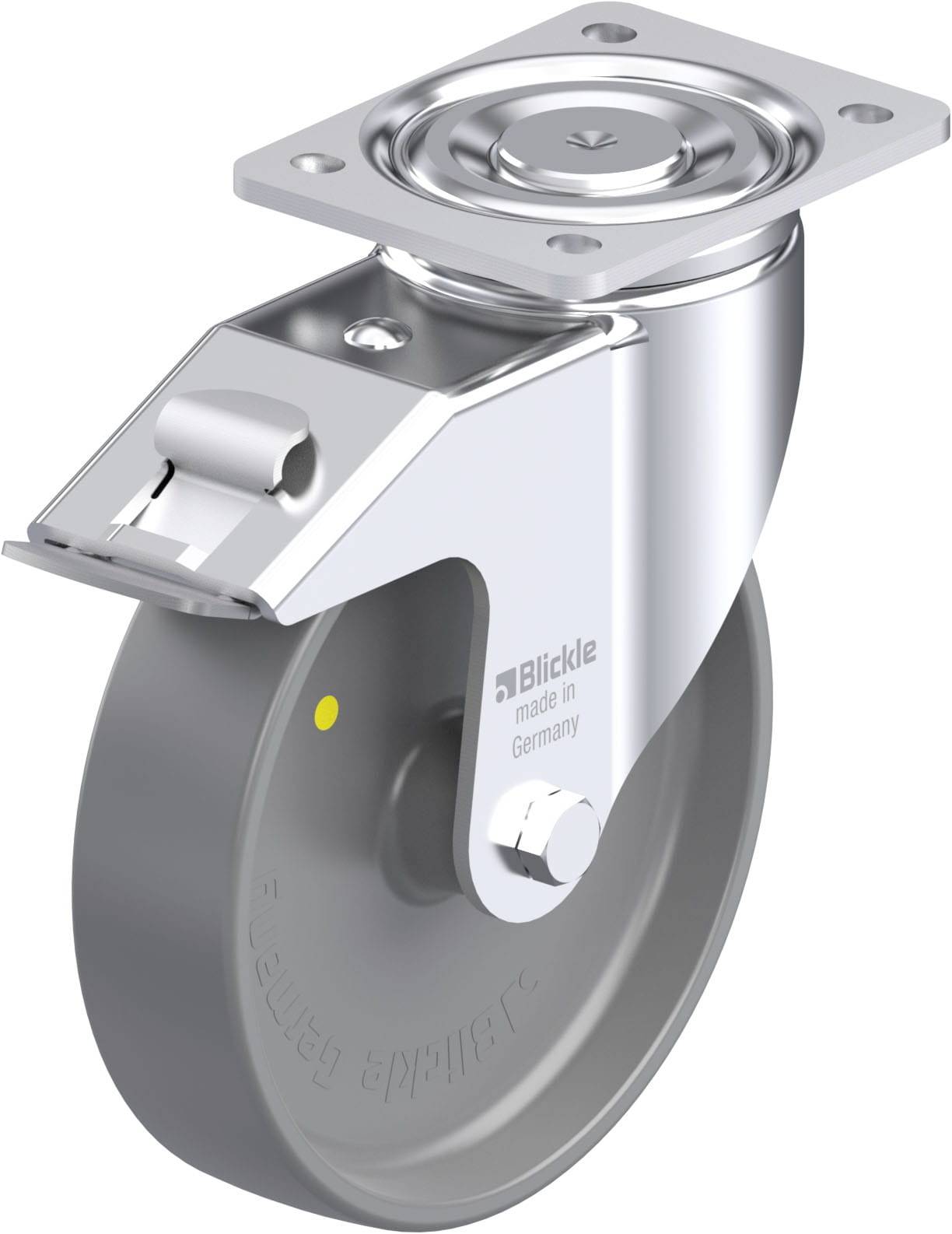 Rollenrad aus Metall und Gummi mit Befestigungsplatte. Text auf dem Rad: 'made in Germany' und 'Blickle'. Geeignet für Geräte.