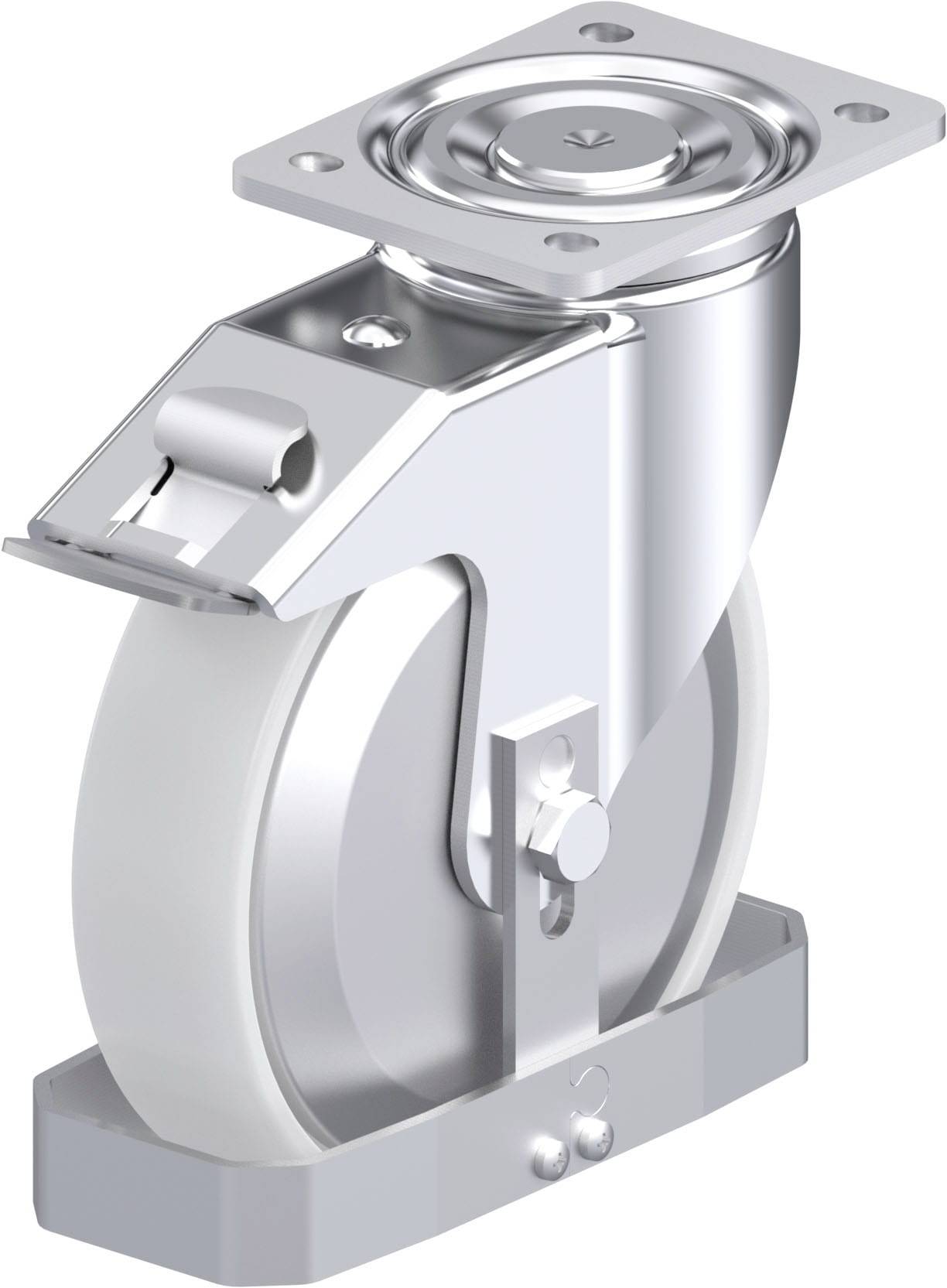 Metallisches Rad mit Befestigungsplatte, geeignet für schwere Lasten. Hochglanzfinish und robuste Konstruktion, ideal für Industrieanwendungen.