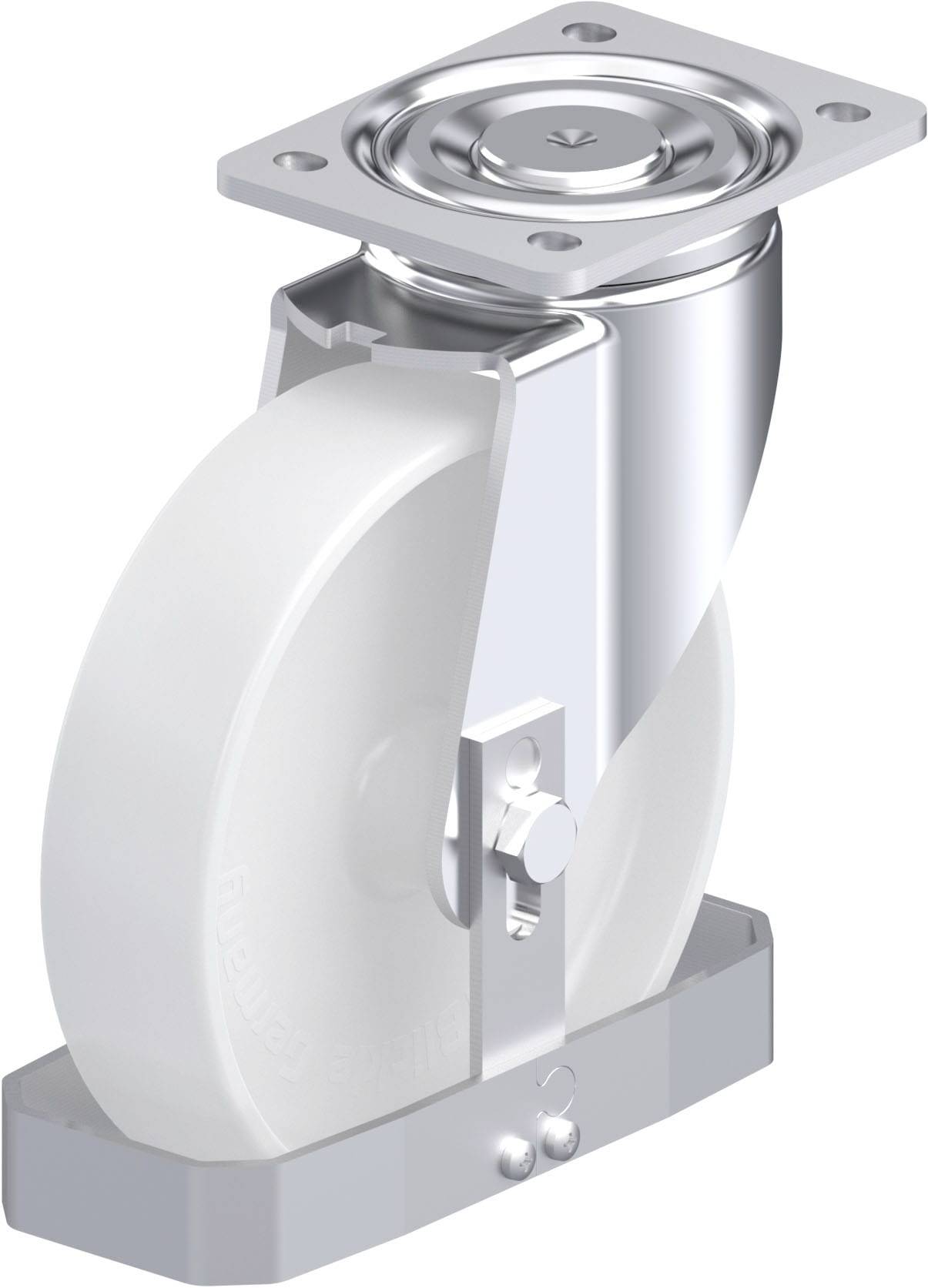 Rolle befestigt an einem Metallgehäuse für schwere Lasten, drehbar.