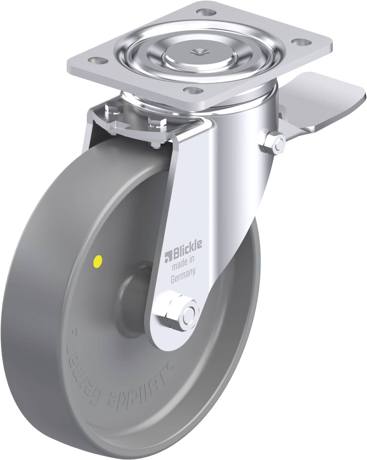 Ein graues Schwerlast-Lenkrolle mit Metallgehäuse, hergestellt in Deutschland. Sie hat eine Bremse seitlich oben.