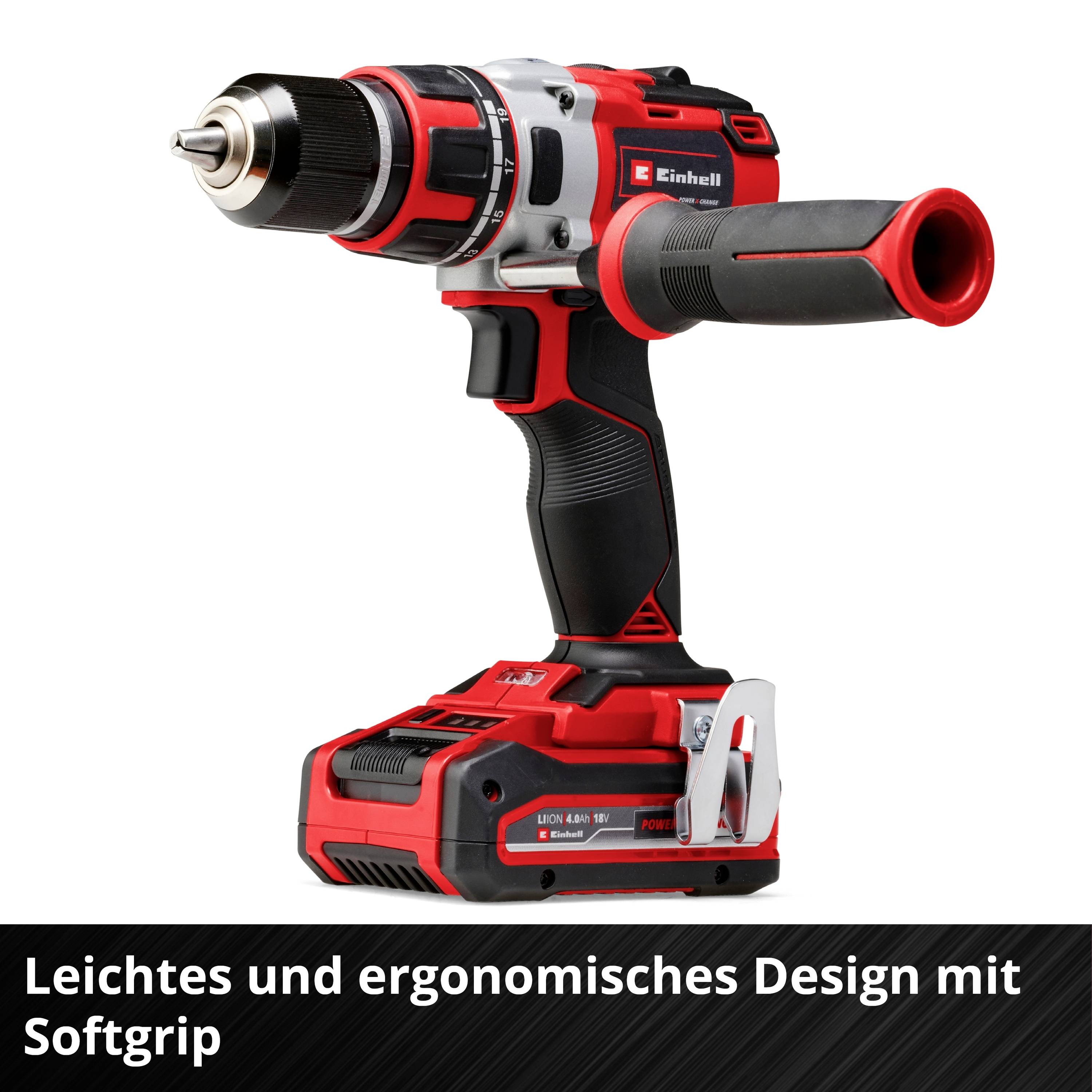 'Akkuschrauber in Rot-Schwarz mit einem ergonomischen Design und Softgrip, Text: 