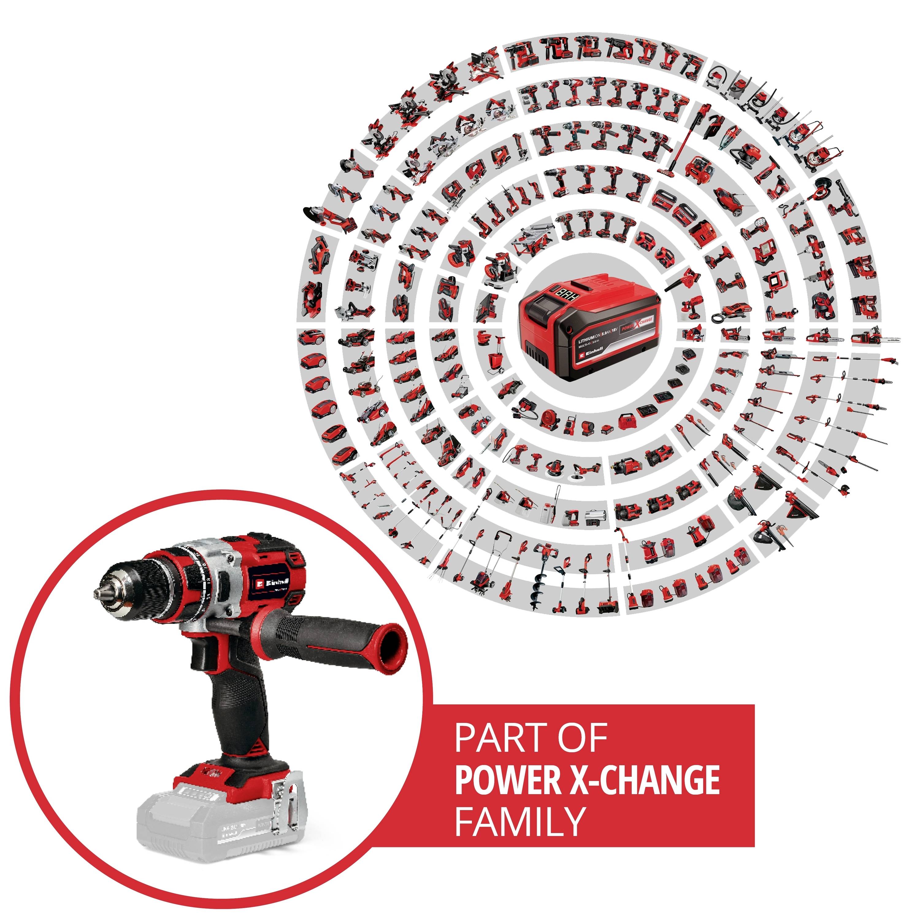 Akkubohrer im Vordergrund. Hintergrund zeigt viele Werkzeuge in konzentrischen Kreisen. Text 'Part of Power X-Change Family'.