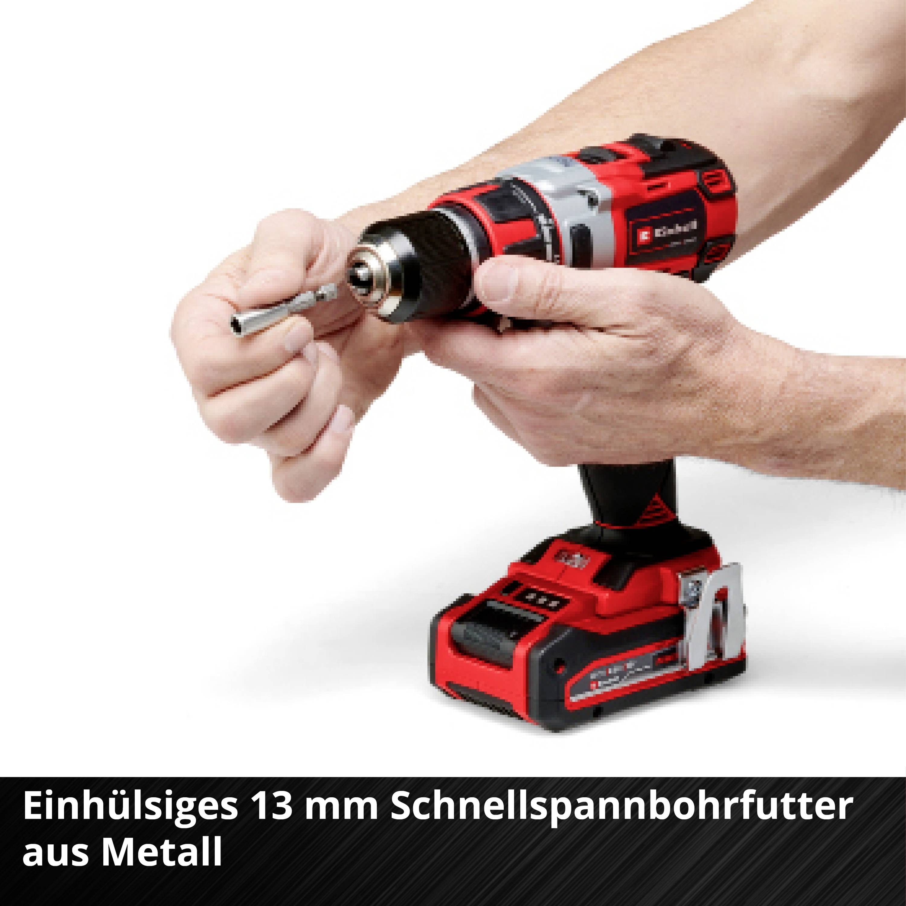 Person hält kabellosen roten Bohrer mit Metallbohrfutter. Darunter steht: 'Einhülsiges 13 mm Schnellspannbohrfutter aus Metall'.