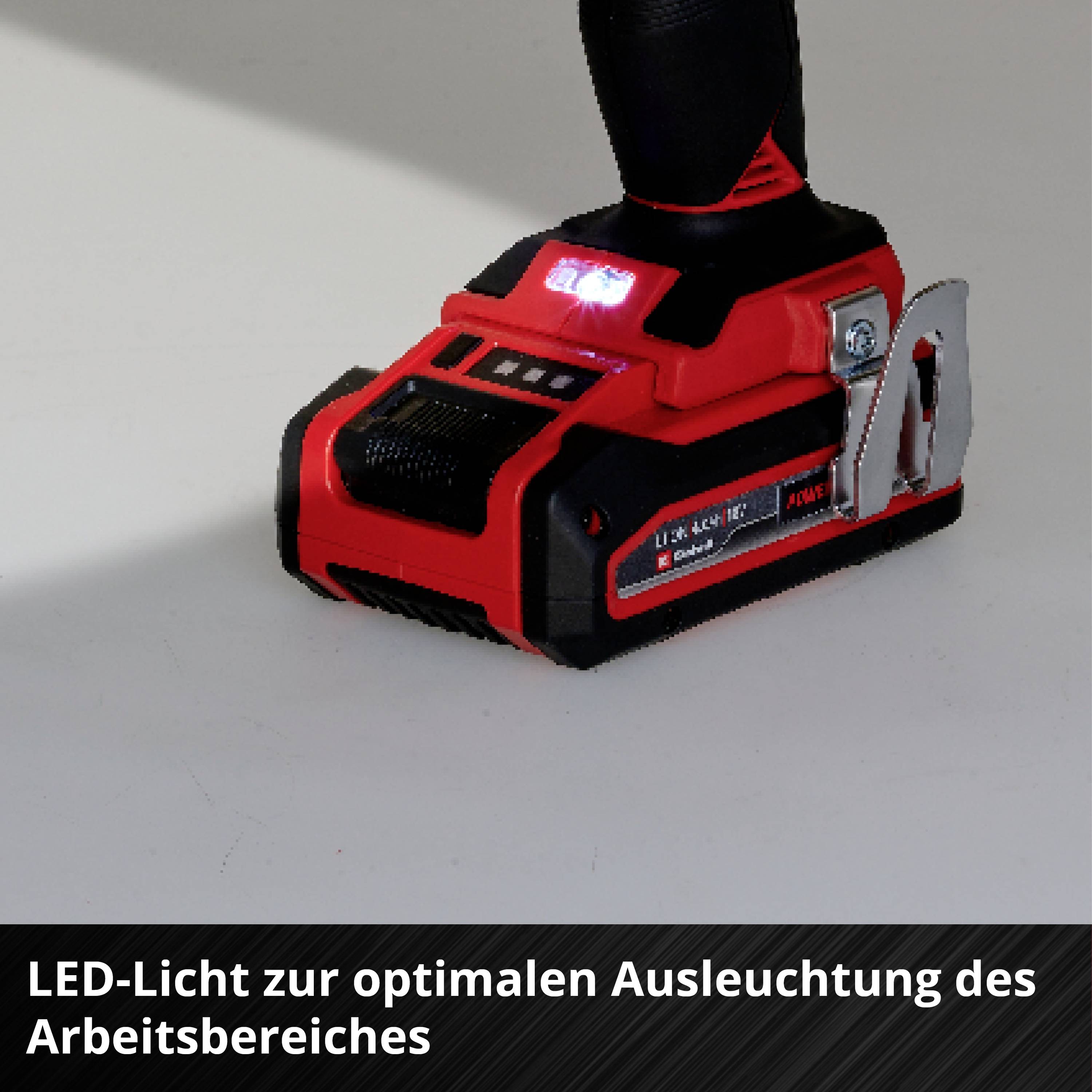 'LED-Licht zur optimalen Ausleuchtung des Arbeitsbereiches' zeigt einen Akku-Bohrschrauber mit integriertem LED-Licht.