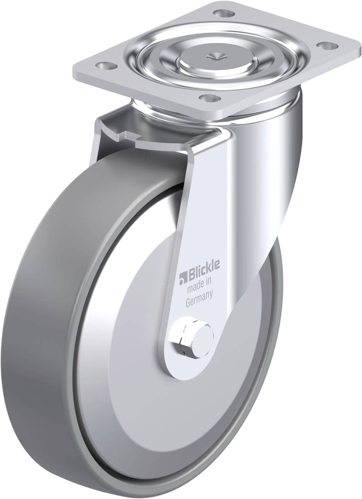 Industrie-Rolle aus Metall und Gummi mit Drehgelenk, montiert auf einer rechteckigen Platte. Markiert mit 'Blickle made in Germany'.