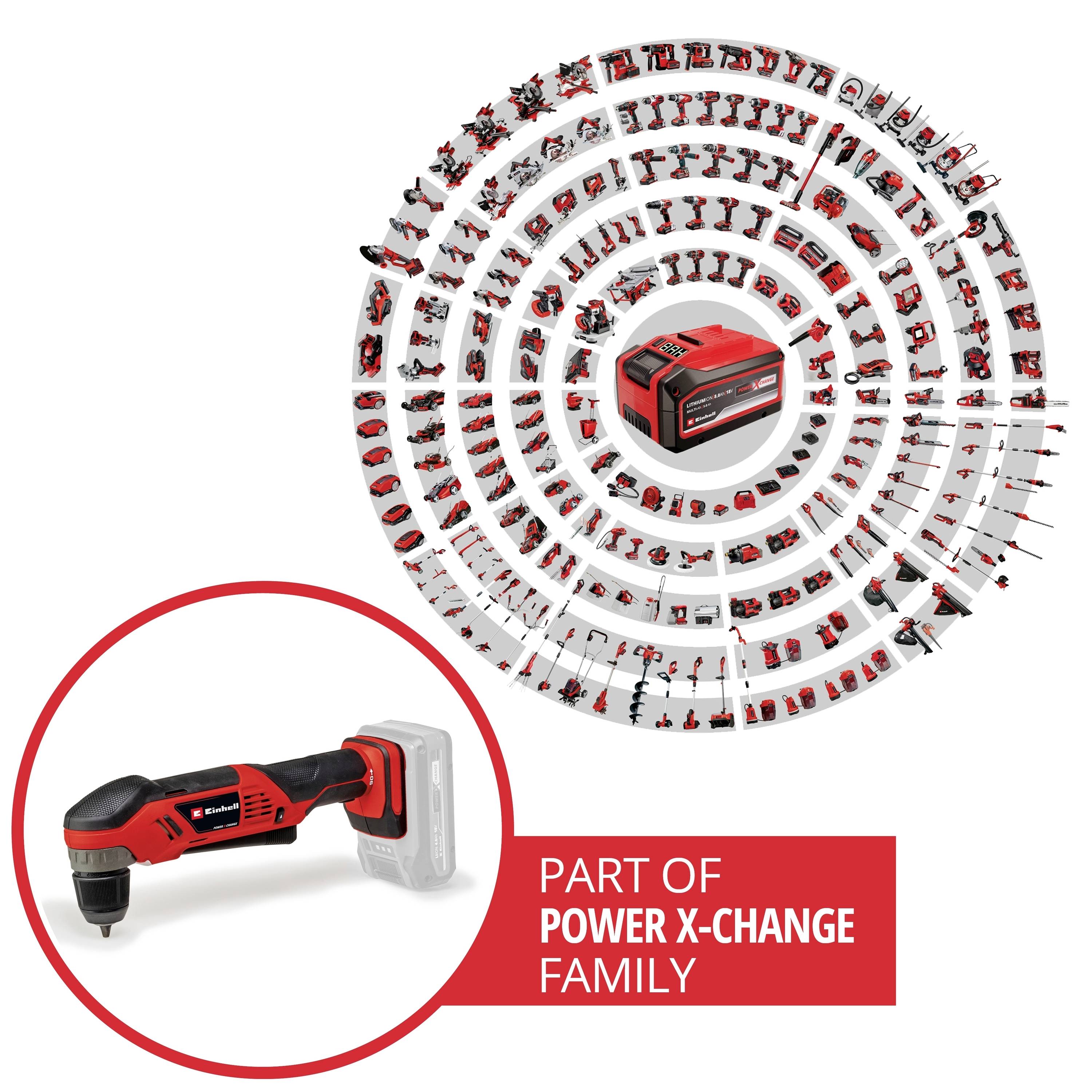 Ein rotes, kabelloses Elektrogerät aus der 'Power X-Change'-Serie umgeben von einer Vielzahl von Werkzeugen dieser Serie.