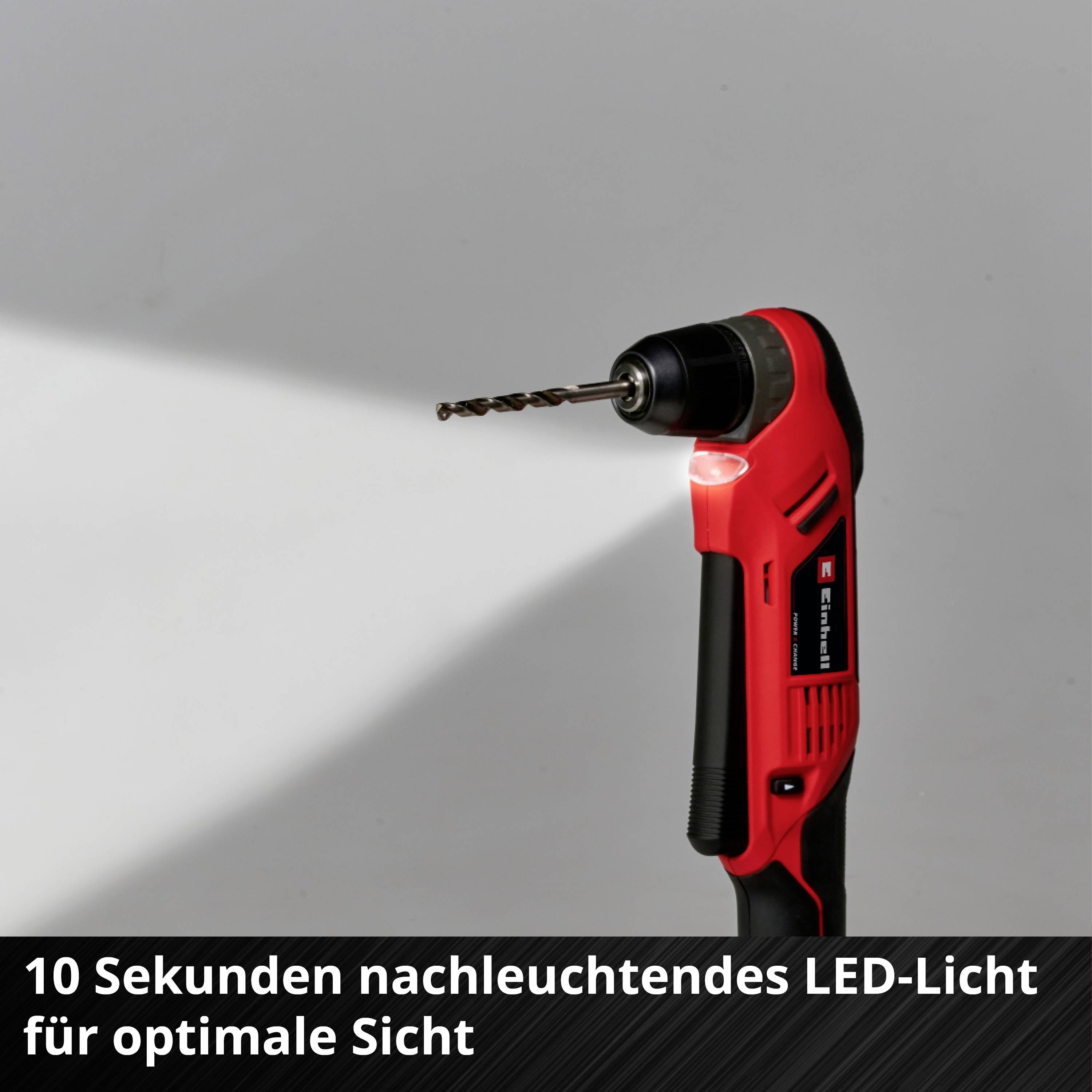 Ein roter Akkuschrauber mit Bohrer hat eine LED-Leuchte, die 10 Sekunden nachleuchtet. Text: '10 Sekunden nachleuchtendes LED-Licht für optimale Sicht'.