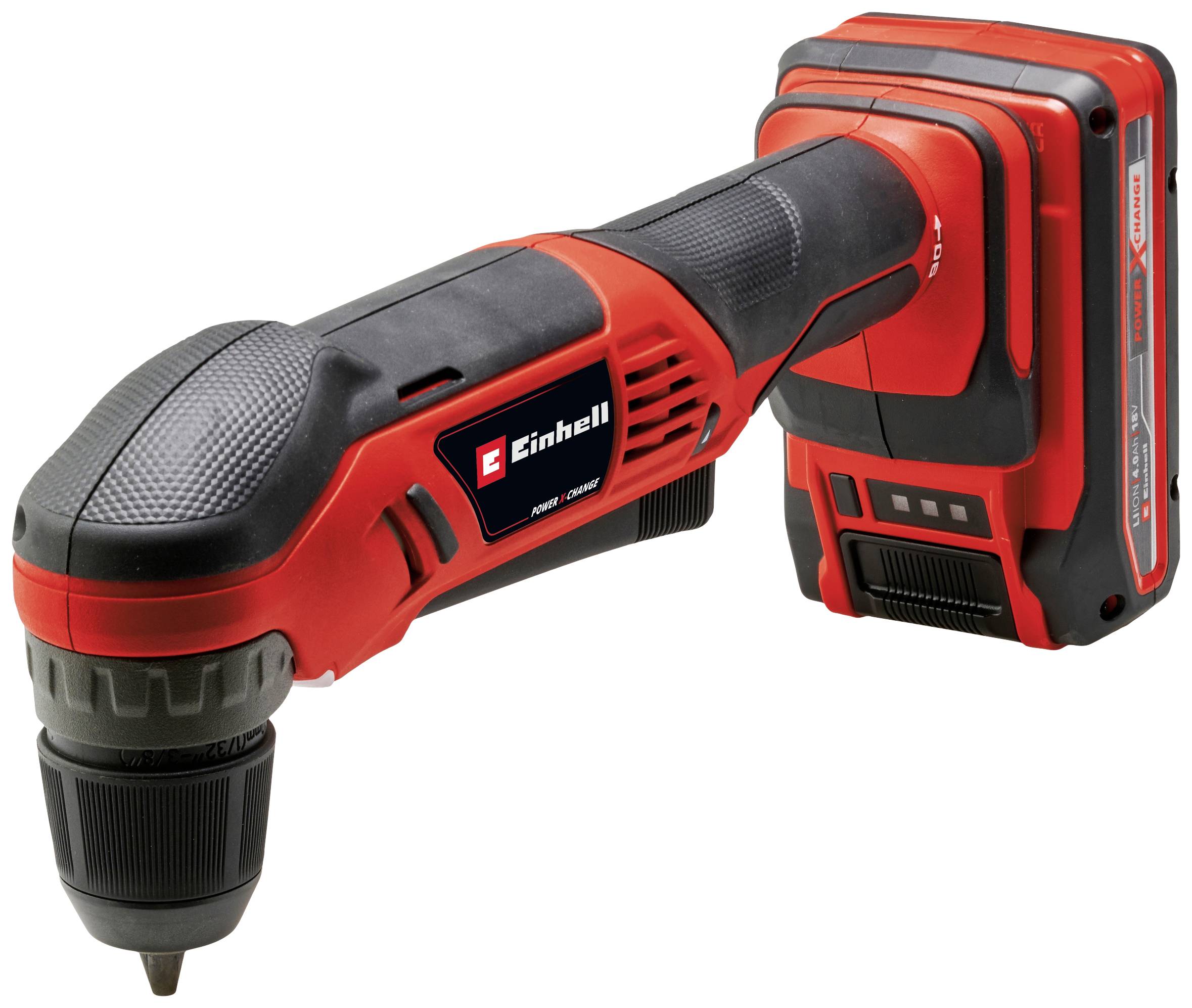 Ein roter Akku-Bohrschrauber mit schwarzem Griff. Das Gerät ist seitlich abgebildet, Akku und Bohrfutter sind sichtbar.