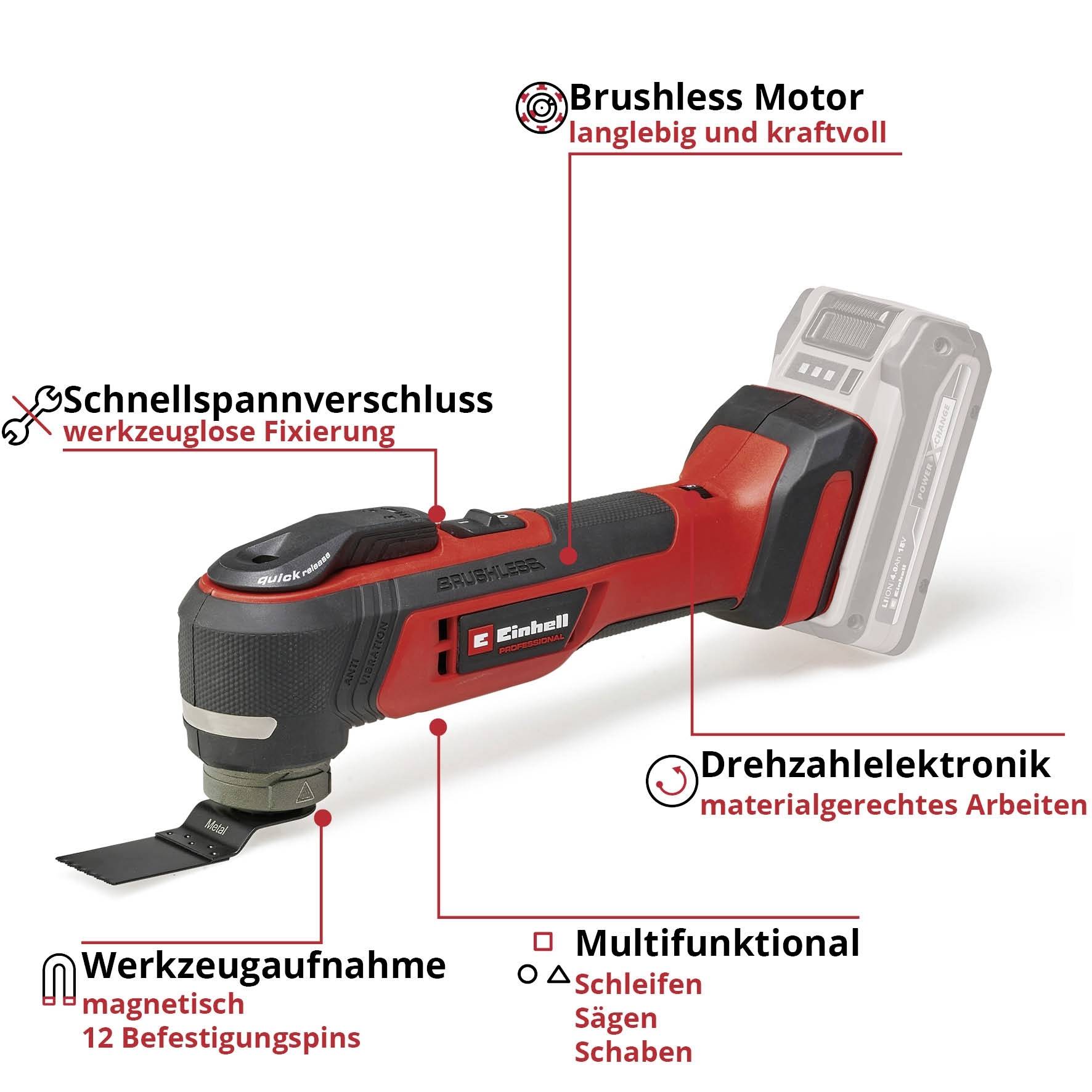 Einhell Professional TP-MG 18 Li BL 4465190 Akku-Multifunktionswerkzeug bürstenlos, ohne Akku, ohne Ladegerät, mit Zubehör Anzahl