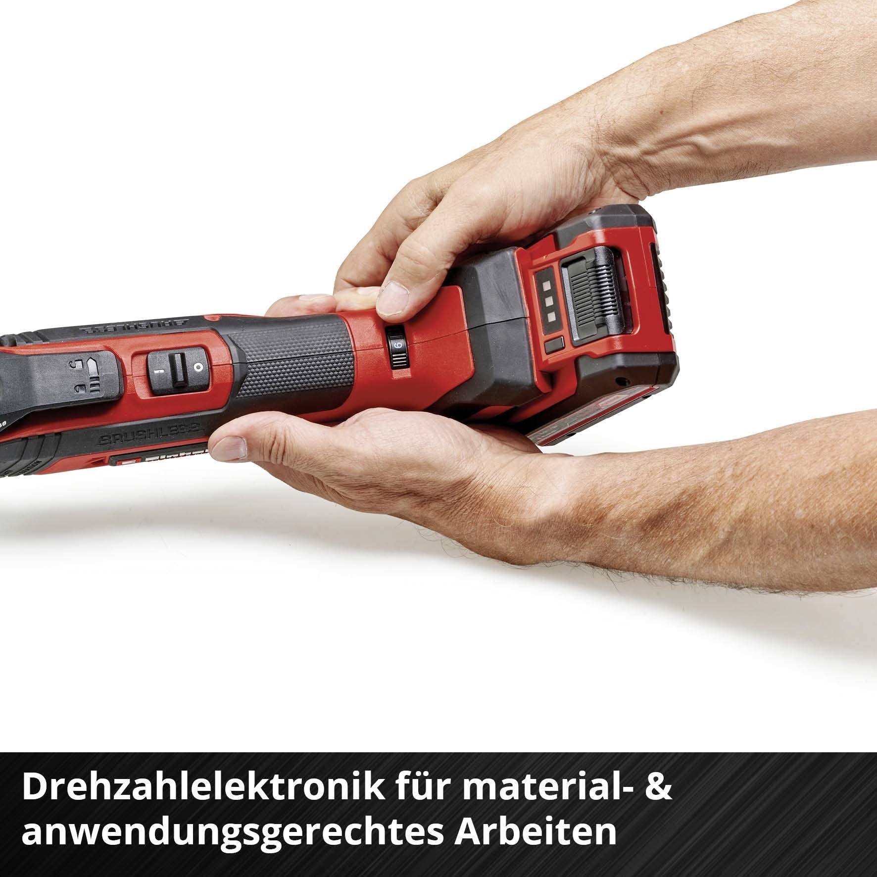 Akkuschrauber in Händen gehalten, betont Drehzahlregelung für unterschiedliche Materialien. Text: 'Drehzahlelekronik für material- & anwendungsgerechtes Arbeiten'.