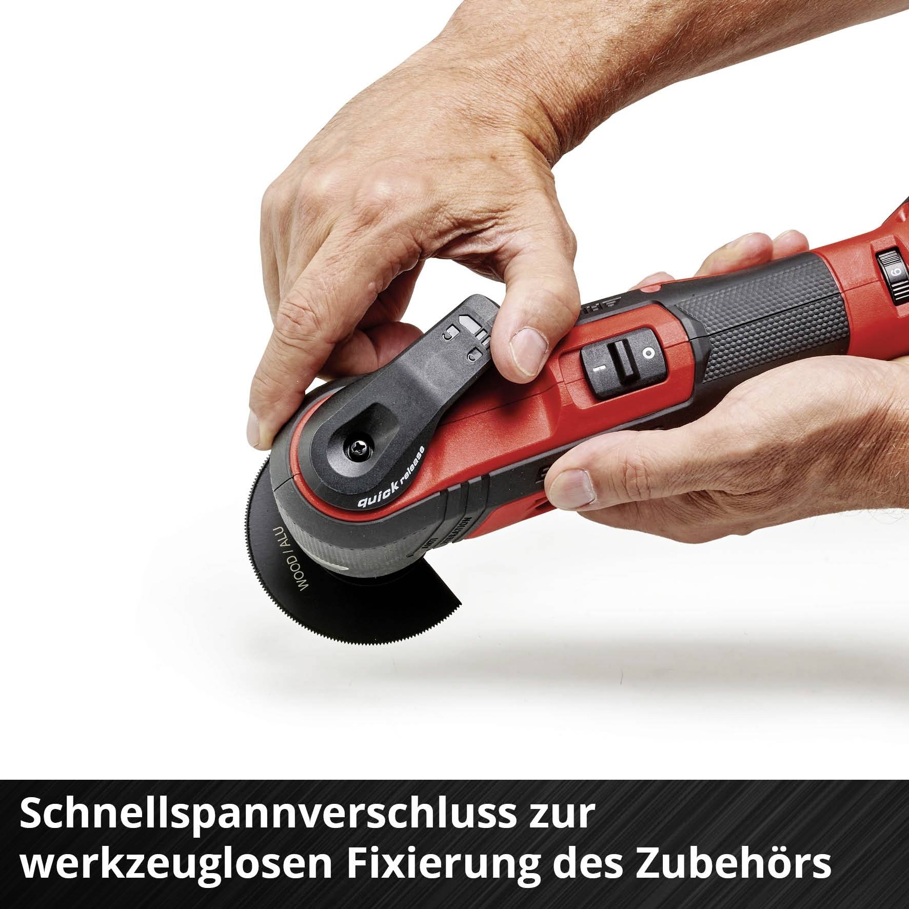 Eine Hand hält ein rotes Elektrowerkzeug mit einem schwarzen Griff. Im Vordergrund steht: 'Schnellspannverschluss zur werkzeuglosen Fixierung des Zubehörs'.