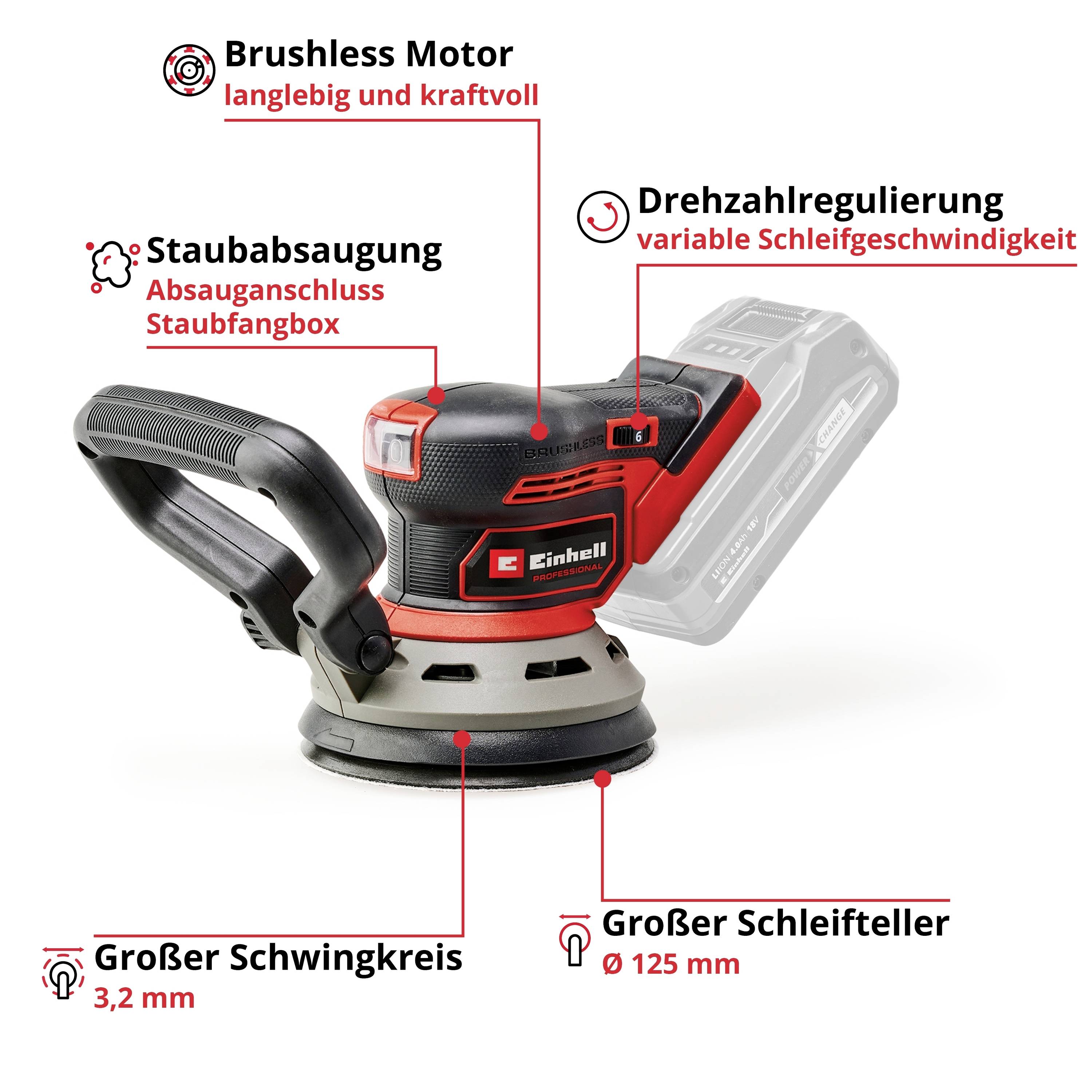 'Einhhell' Exzenterschleifer mit bürstenlosem Motor, Staubabsaugung, Drehzahlregulierung, 3,2 mm Schwingkreis, 125 mm Schleifteller.