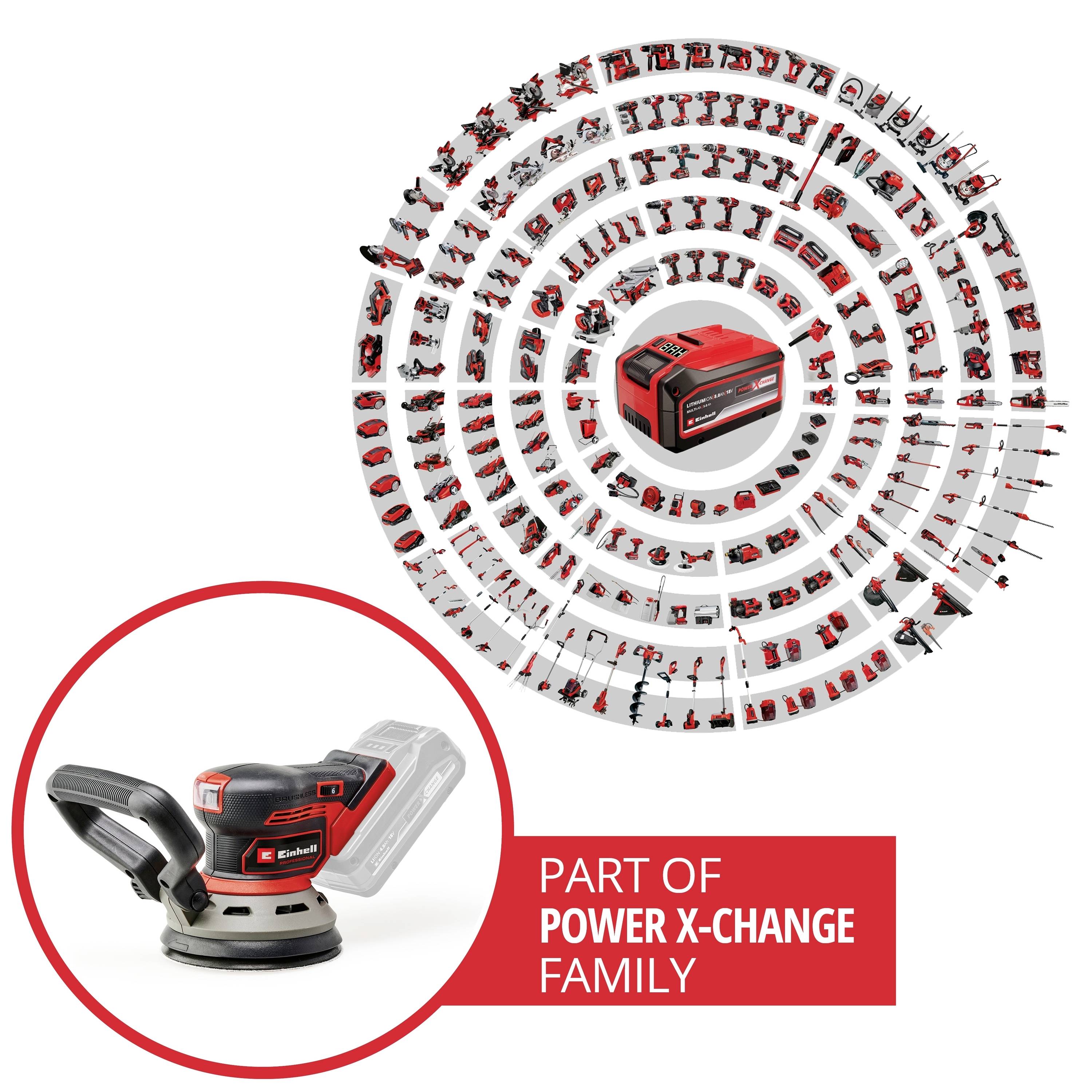 Ein roter akkubetriebener Exzenterschleifer unterhalb einer Darstellung, die ein Produktsortiment zeigt, beschriftet mit 'Teil der Power X-Change Familie'.