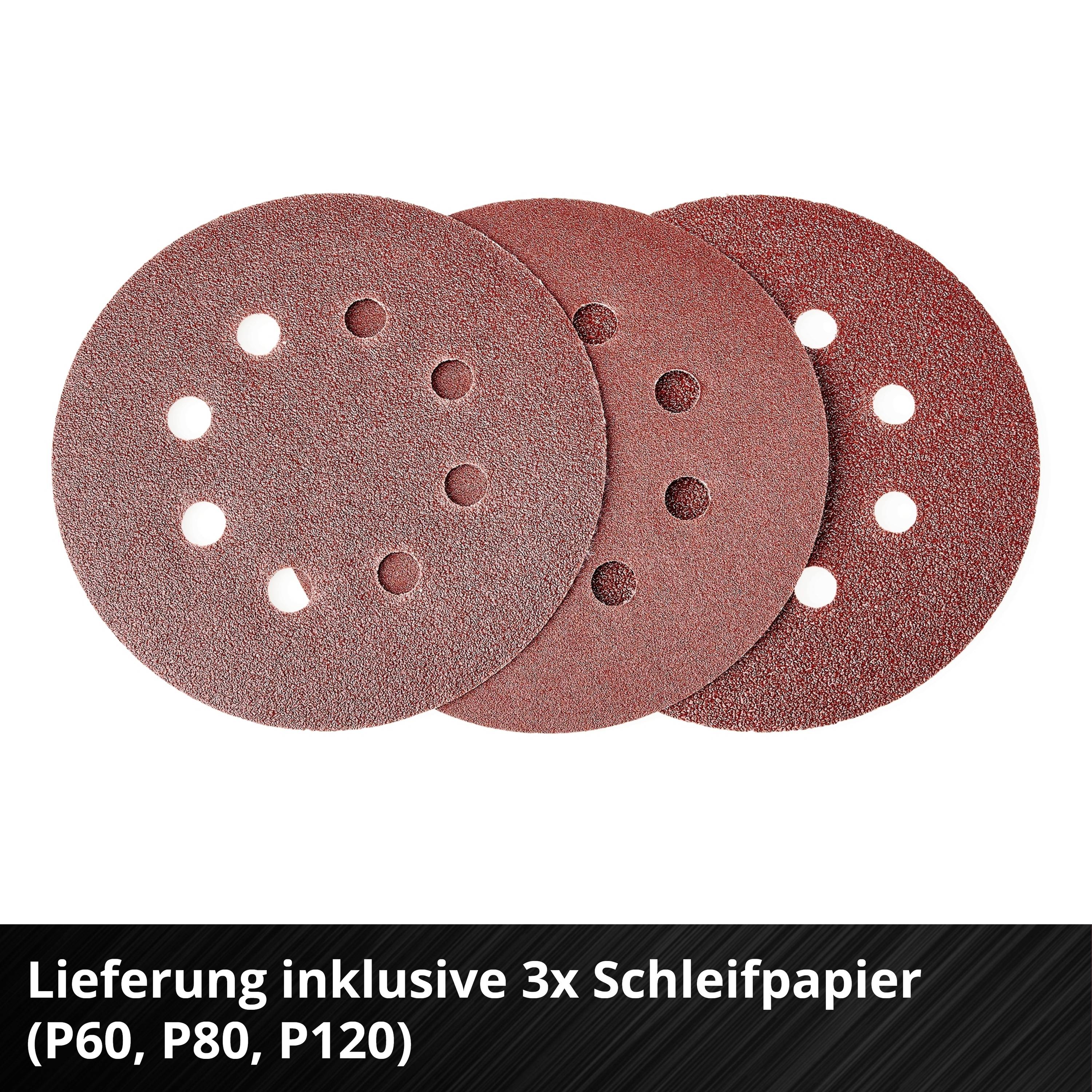 Drei rote Schleifscheiben mit Löchern in unterschiedlichen Körnungen P60, P80 und P120. Lieferung inklusive dieser Schleifpapiere.