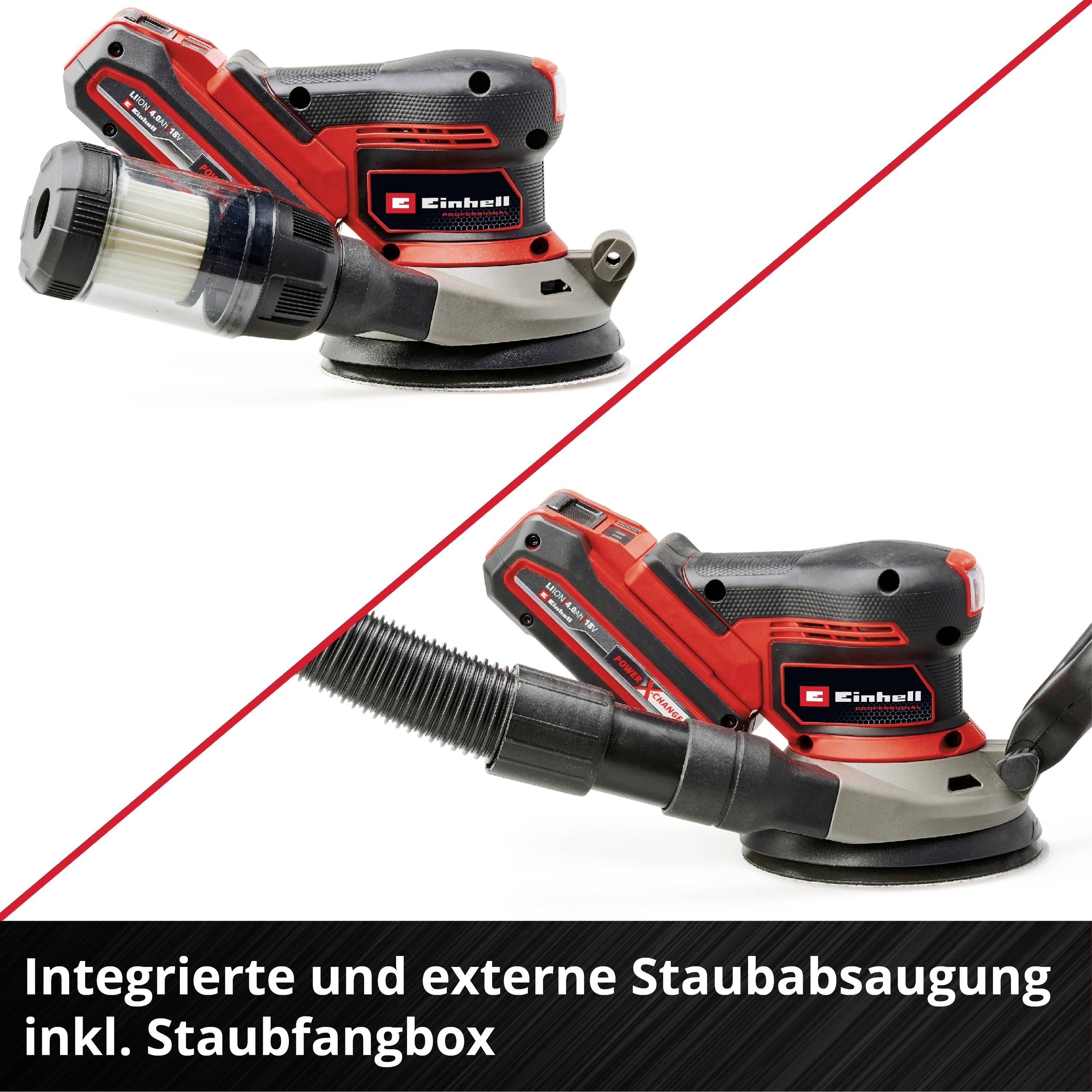 Einhell Schleifmaschine mit integriertem Staubabsaugungssystem und Staubfangbox, zwei Ansichten.
