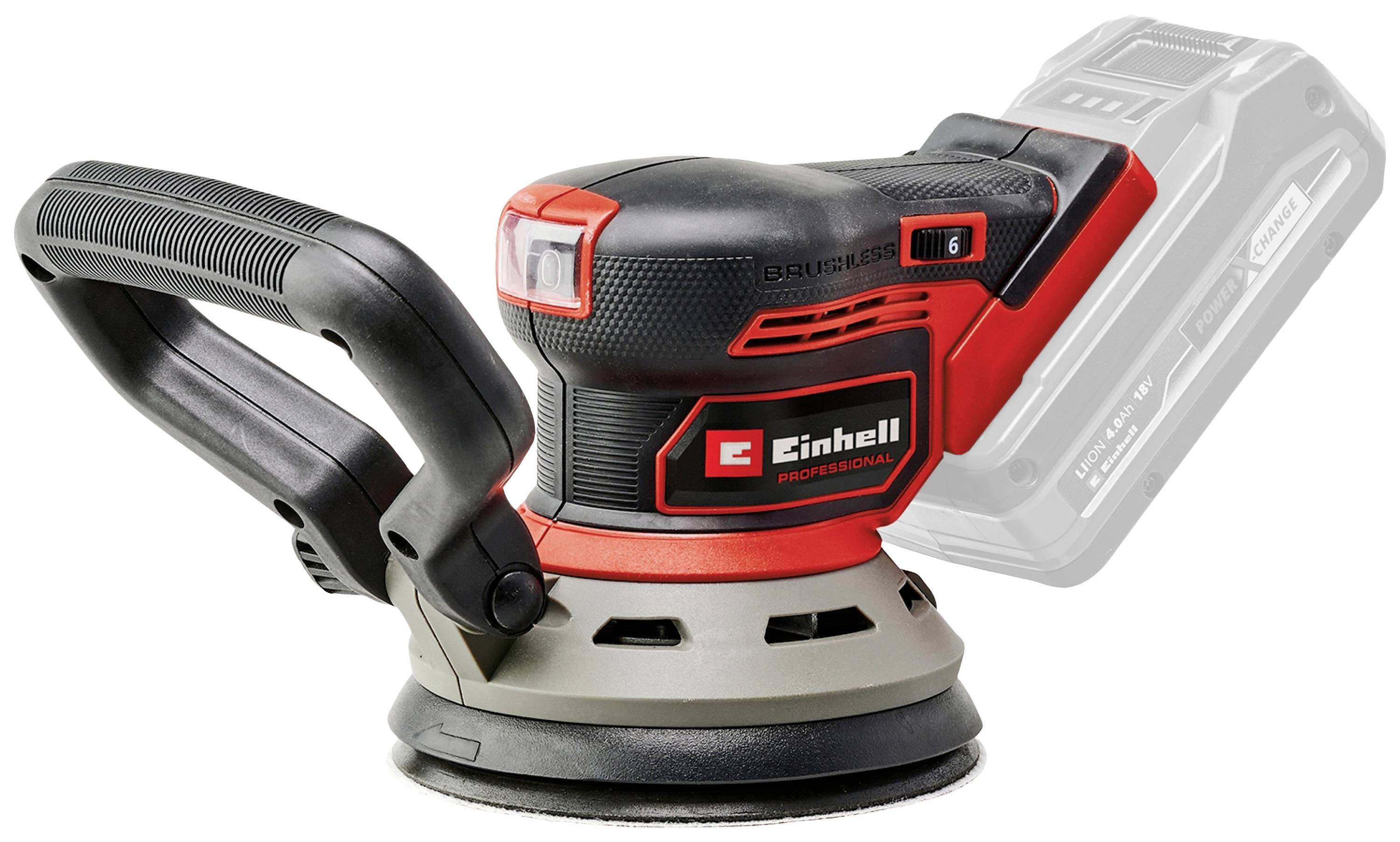 Ein roter und schwarzer, kabelloser Exzenterschleifer mit einem ergonomischen Griff und Einhell-Logo, ohne Akku.