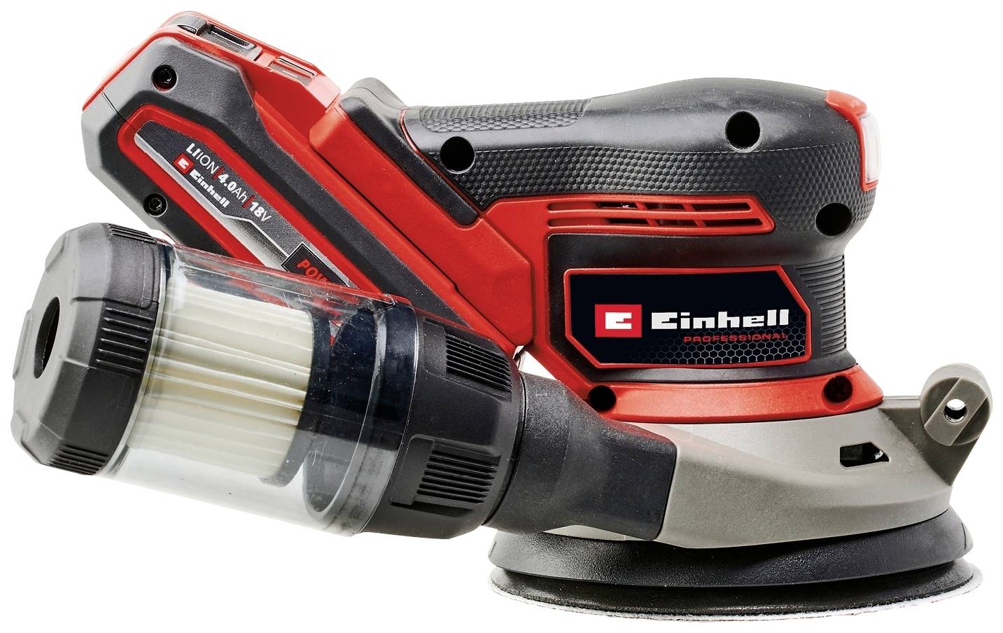 Akkubetriebener Exzenterschleifer der Marke Einhell in Rot und Schwarz mit Staubbehälter, geeignet für verschiedene Schleifarbeiten.