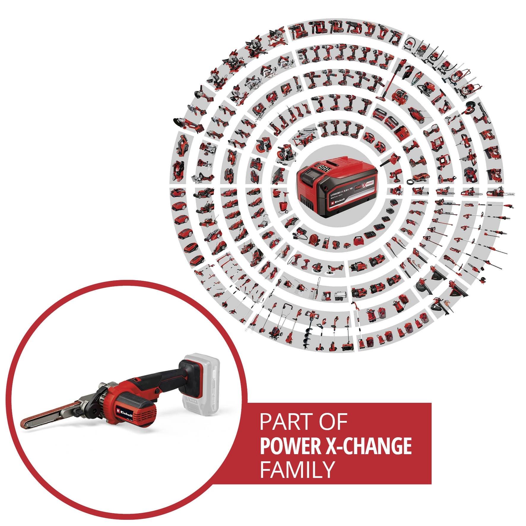 Eine Vielzahl von Elektrowerkzeugen umgibt eine zentrale rot-schwarze Batterieeinheit. Im Vordergrund: Hinweis auf die 'Power X-Change Familie'.