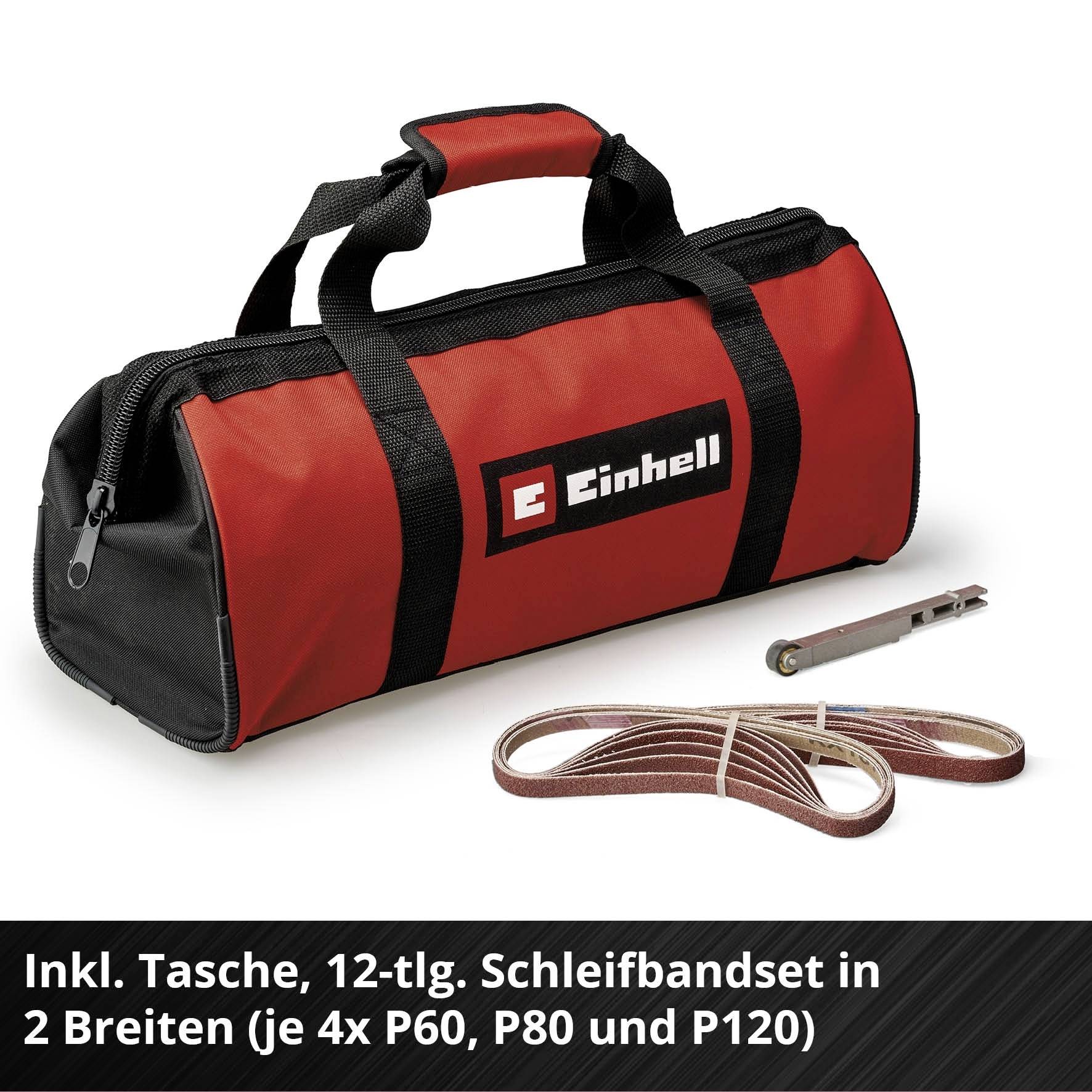 Rote Werkzeugtasche mit Einhell-Logo, enthält Schleifbandset in zwei Breiten und verschiedene Körnungen (P60, P80, P120) sowie Werkzeug.