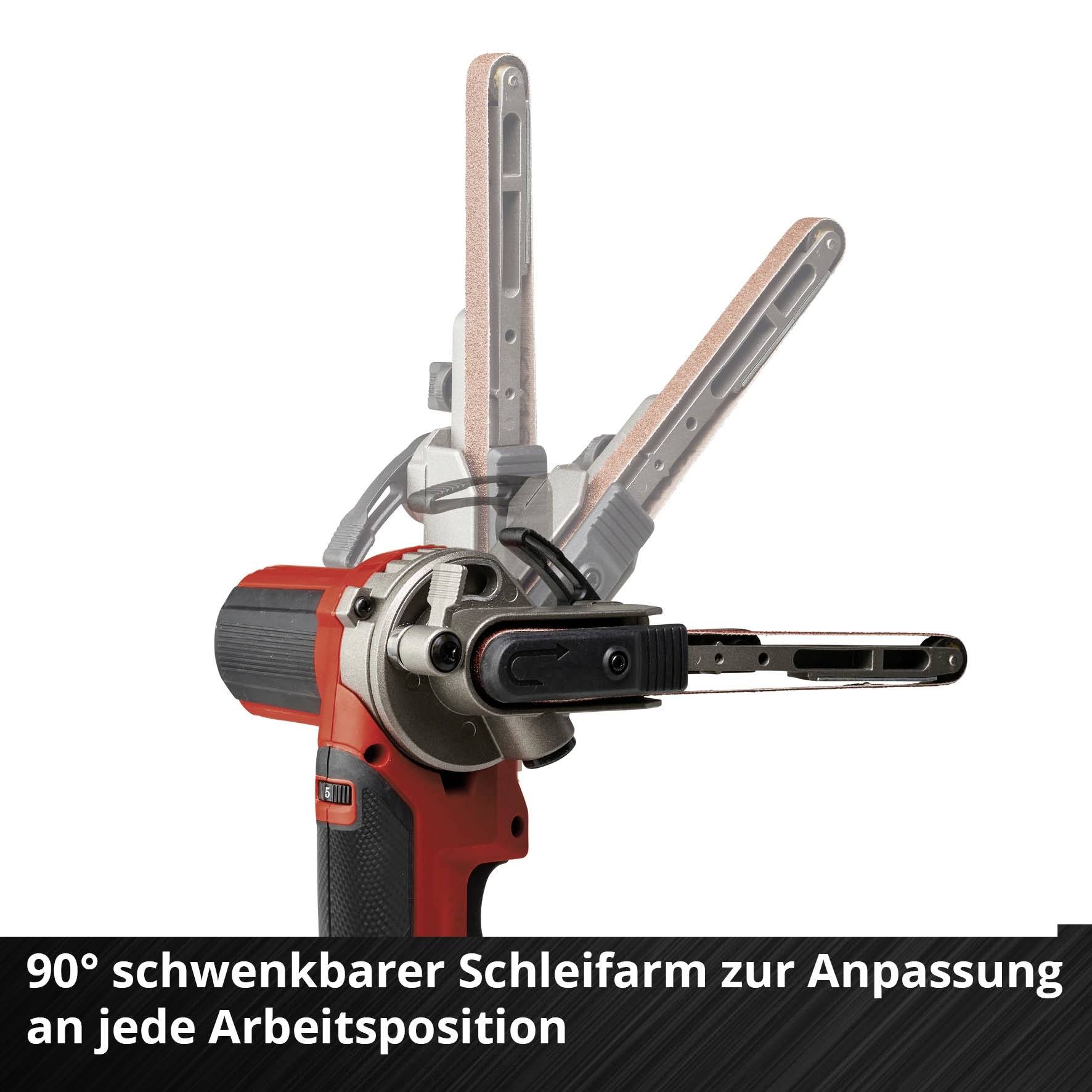 '90° schwenkbarer Schleifarm zur Anpassung an jede Arbeitsposition' steht unter einem Bild eines roten Schleifwerkzeugs mit beweglichem Arm.
