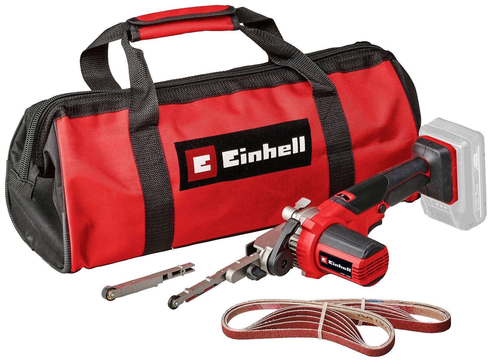 Ein rotes Einhell-Schleifbandtool mit Zubehör und Tragetasche, Akku nicht im Lieferumfang. Hauptsächlich für Schleifarbeiten geeignet.
