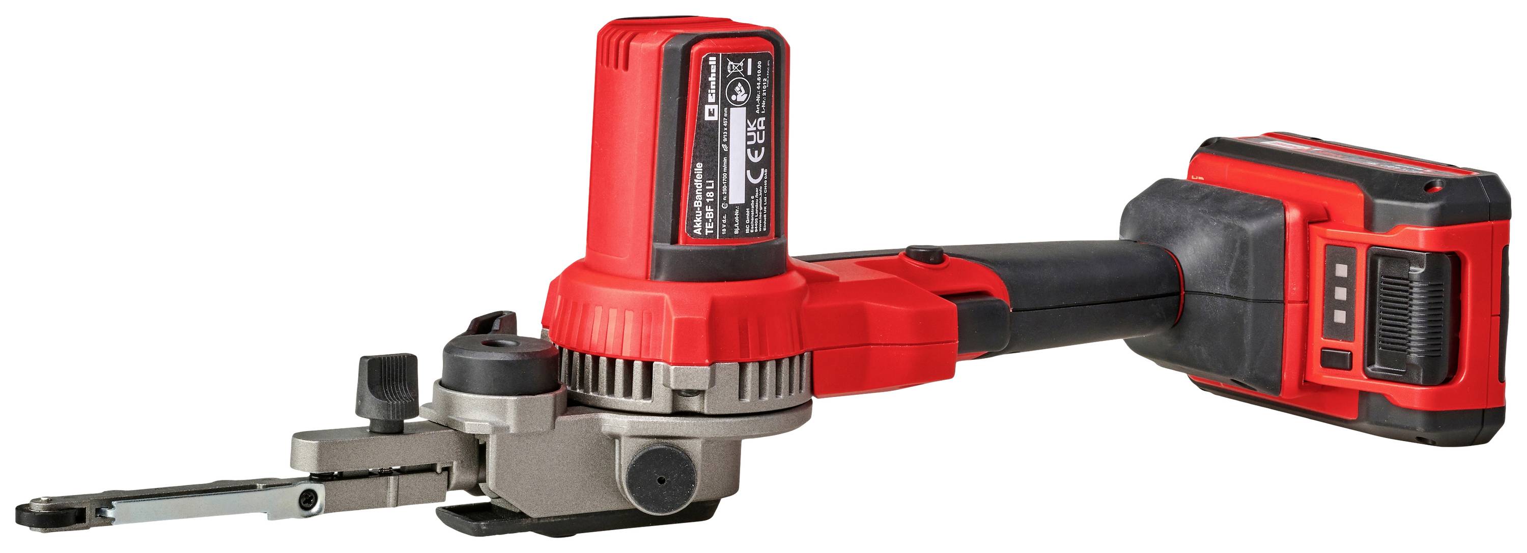 Ein roter, kabelloser Bandschleifer mit Akku, geeignet für präzises Schleifen.