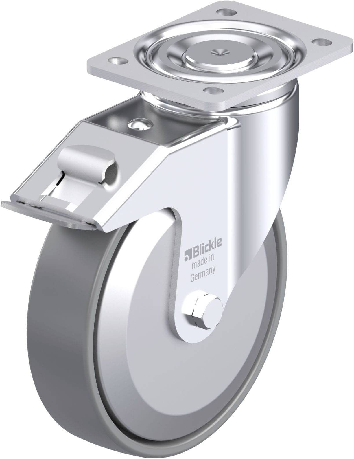 Silbernes, schwenkbares Rad mit rechteckiger Montageplatte, geeignet für schwere Lasten. Aufdruck: 'Blickle made in Germany'.
