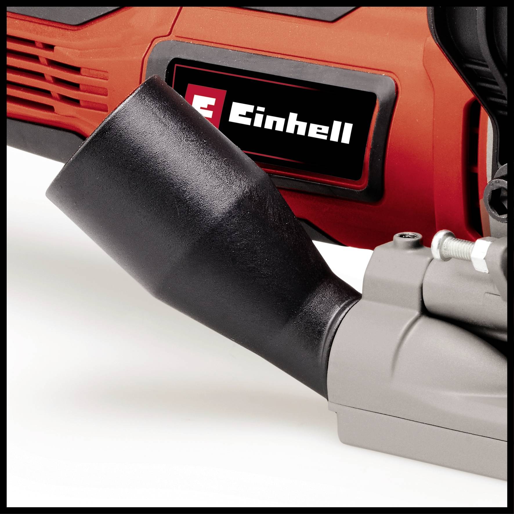 Ein rotes Elektrogerät mit schwarzem Lüftungsrohr und grauer Basis, markiert mit 'Einhell'.