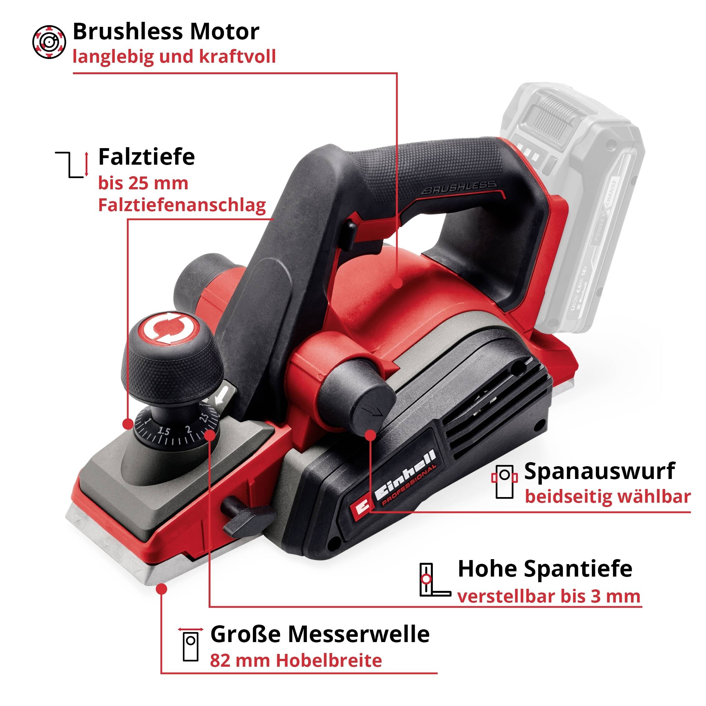 Einhell Professional TP-PL 18/3 Li BL Abrichthobelmaschine mit Absaugung 82 mm
