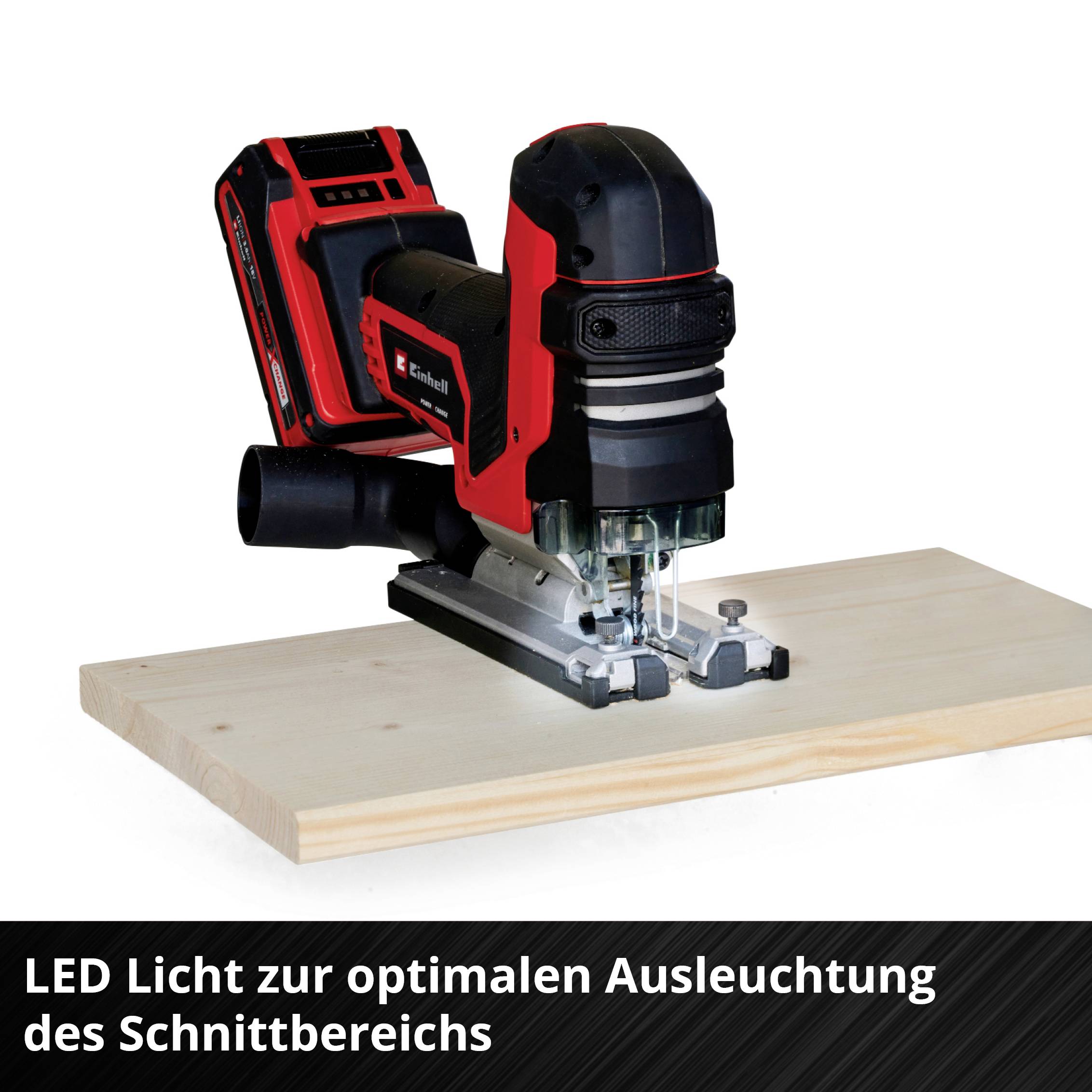 Eine elektrische Oberfräse auf einem Holzbrett, betont durch LED-Licht zur optimalen Ausleuchtung des Schnittbereichs.