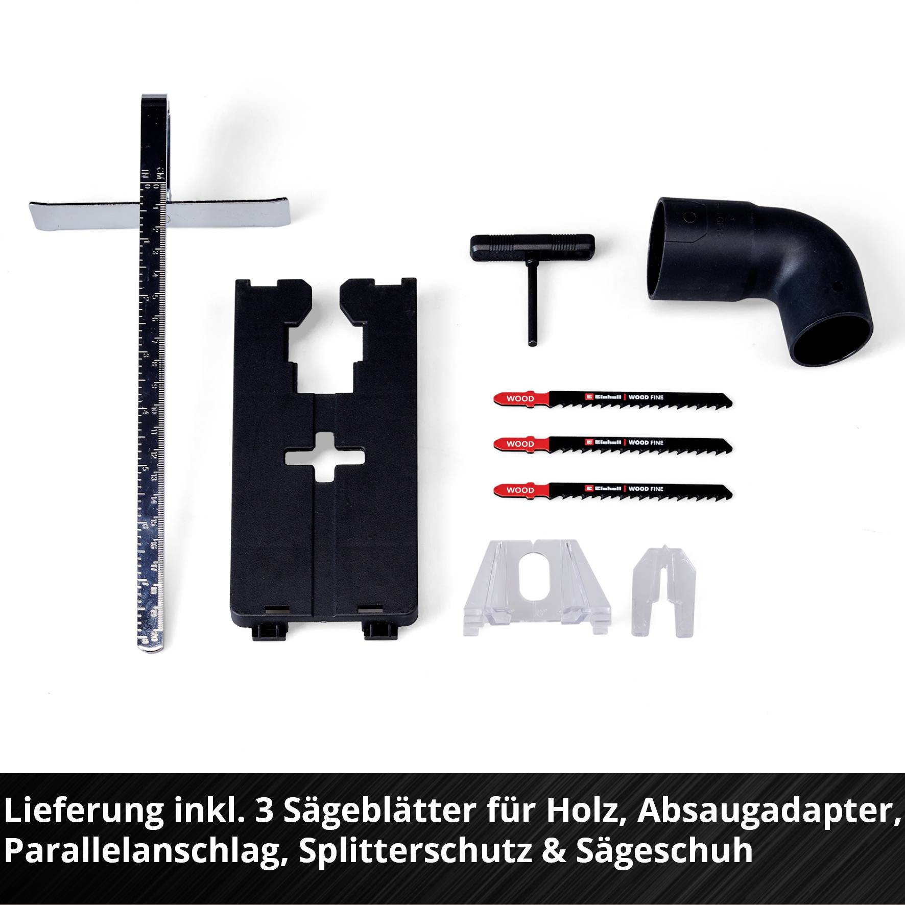 Lieferumfang: Parallelanschlag, Sägeblätter, Absaugadapter, Sägeblattschutz, Sägeschuh. Hinweis auf Zubehörteile einer Säge.