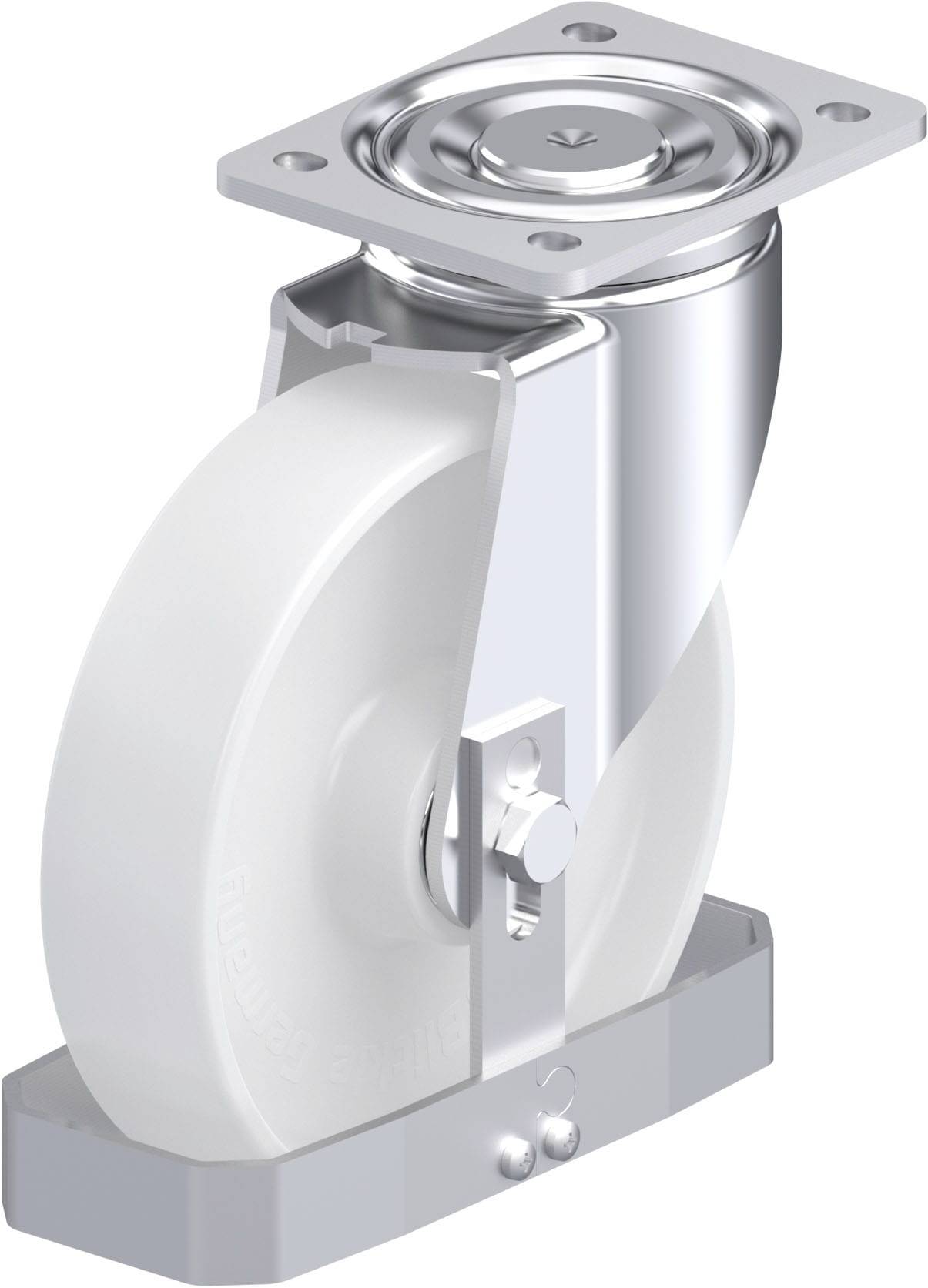 Eine silberne Lenkrolle mit weißem Rad, montiert an einer rechteckigen Metallplatte.