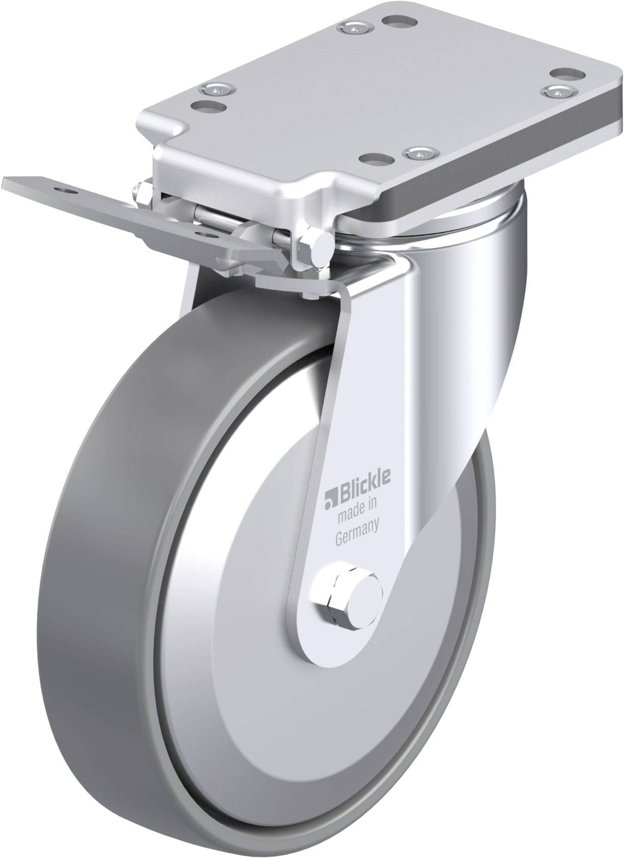 Graue Lenkrolle aus Metall mit Bremse und Halterung, geeignet für industrielle Anwendungen, Aufschrift 'Blickle made in Germany'.
