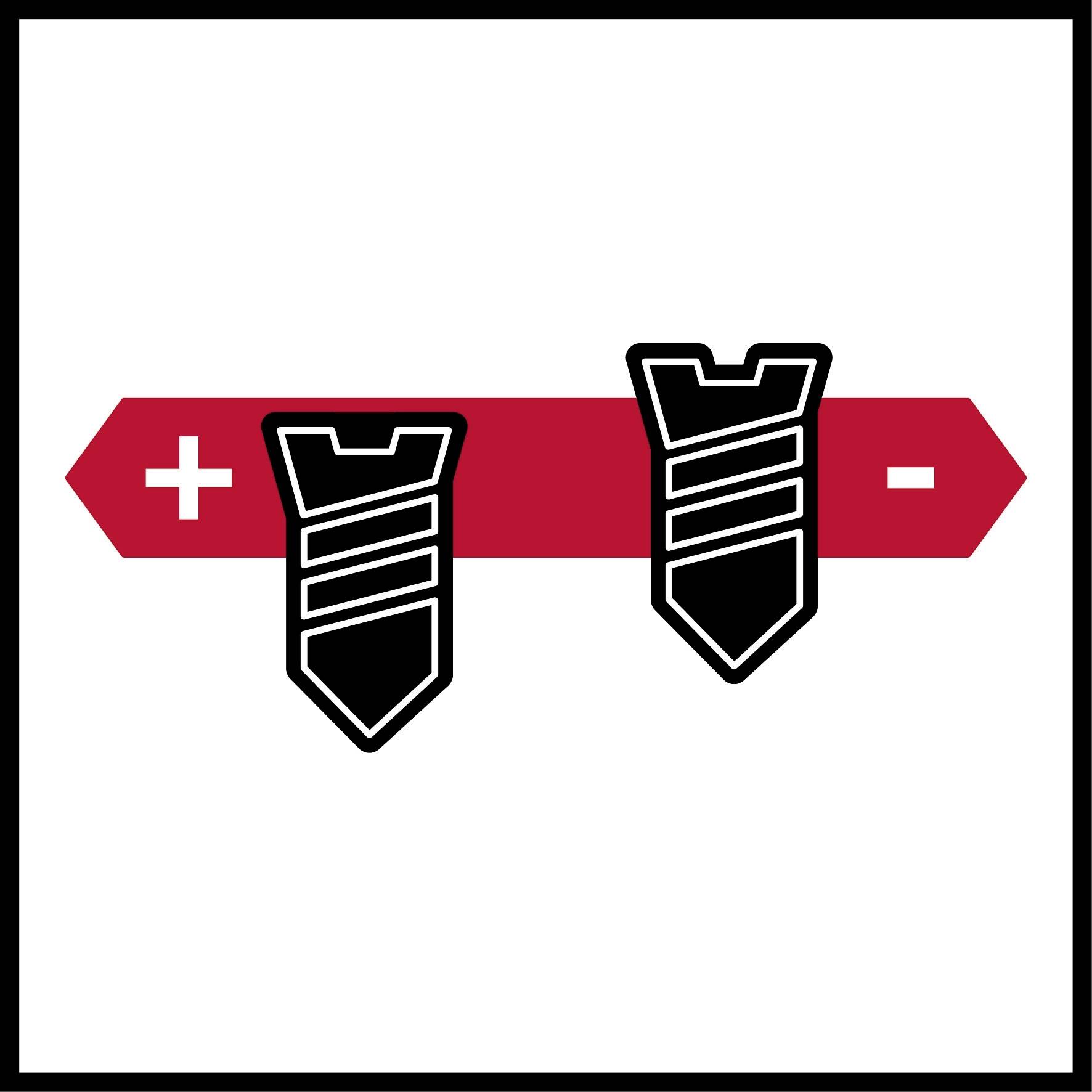 Pictogramm zeigt zwei Schaltflächen mit Plus- und Minus-Symbolen auf rotem Hintergrund.