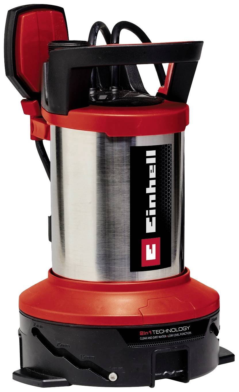 Eine rot-schwarze Tauchpumpe von Einhell mit Griff, Anschlüssen und '3in1 TECHNOLOGY' Aufdruck auf der Basis.