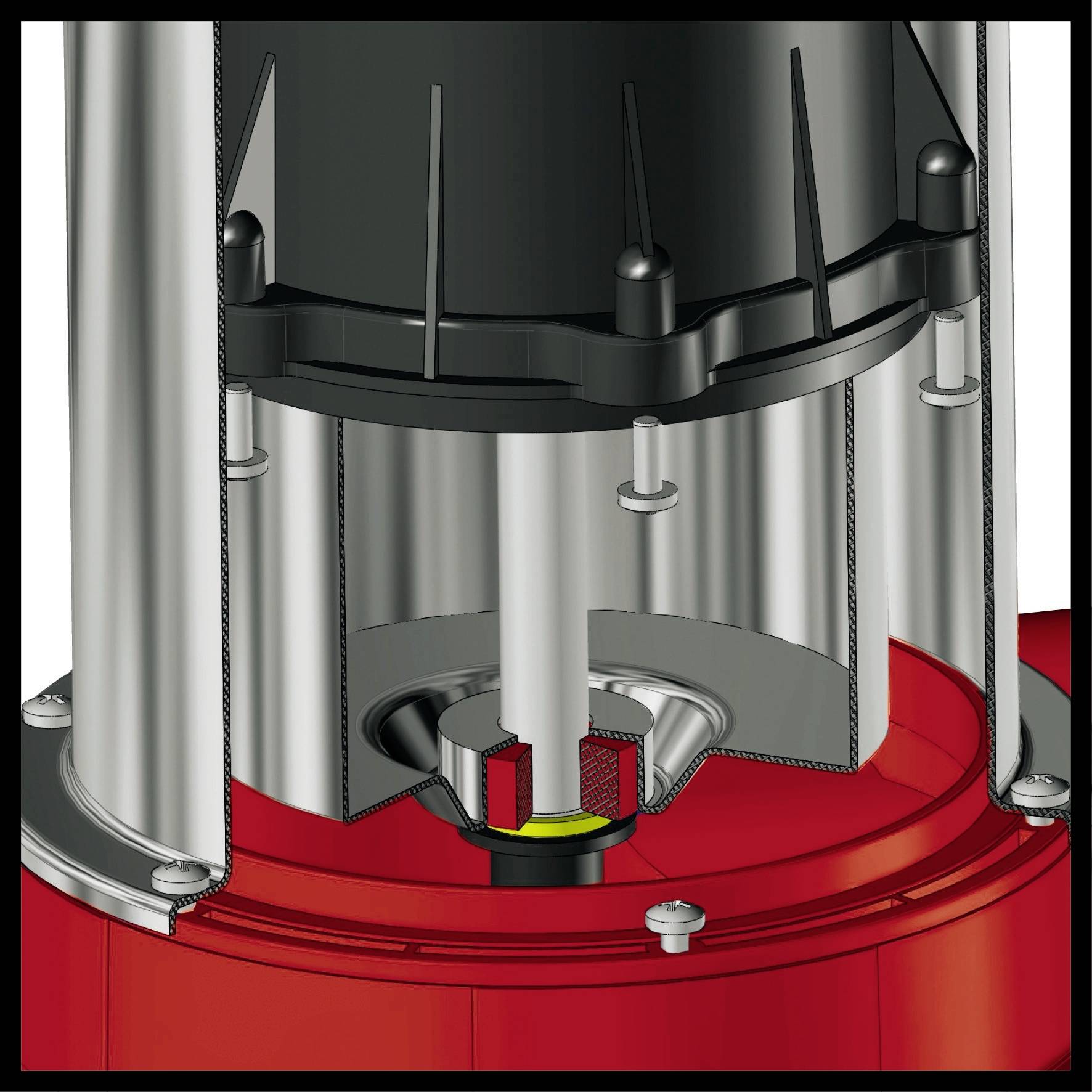 Industrielle Maschine mit rotem Metallboden, vertikalen Metallstangen und schwarzem Oberteil. Dient zur mechanischen Verarbeitung.
