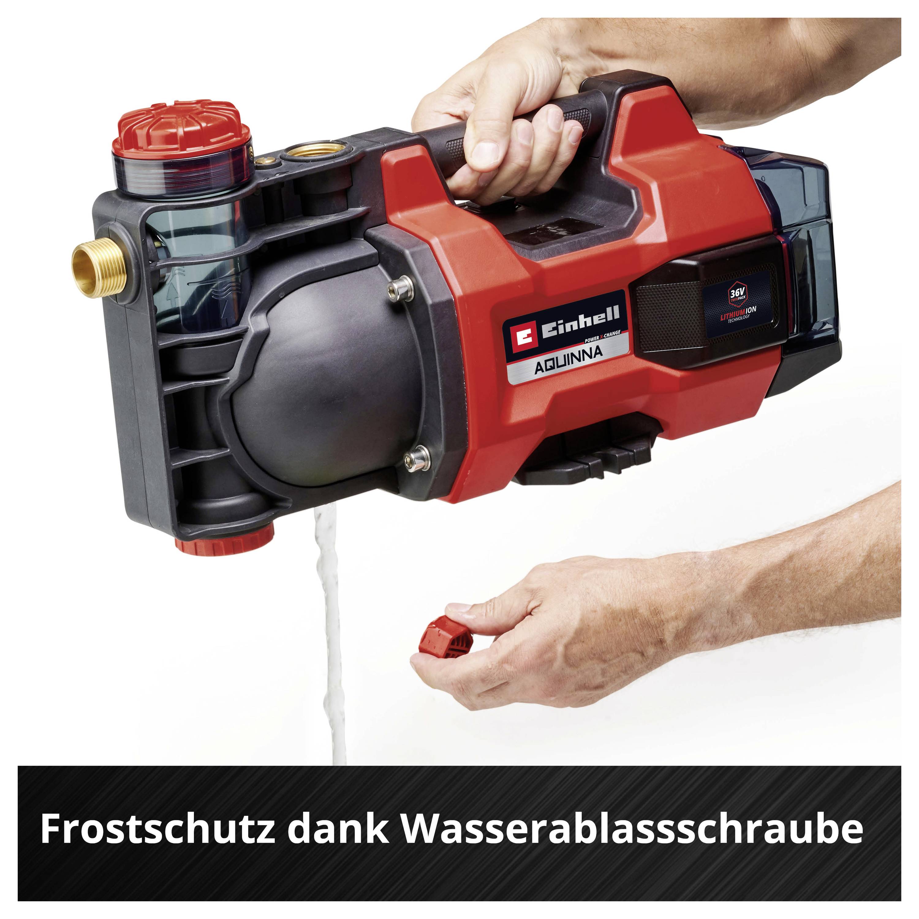 Rote Einhell-Wasserpumpe mit Handgriff; unten wird Wasser über eine Ablassschraube entleert. Text: 'Frostschutz dank Wasserablassschraube'.